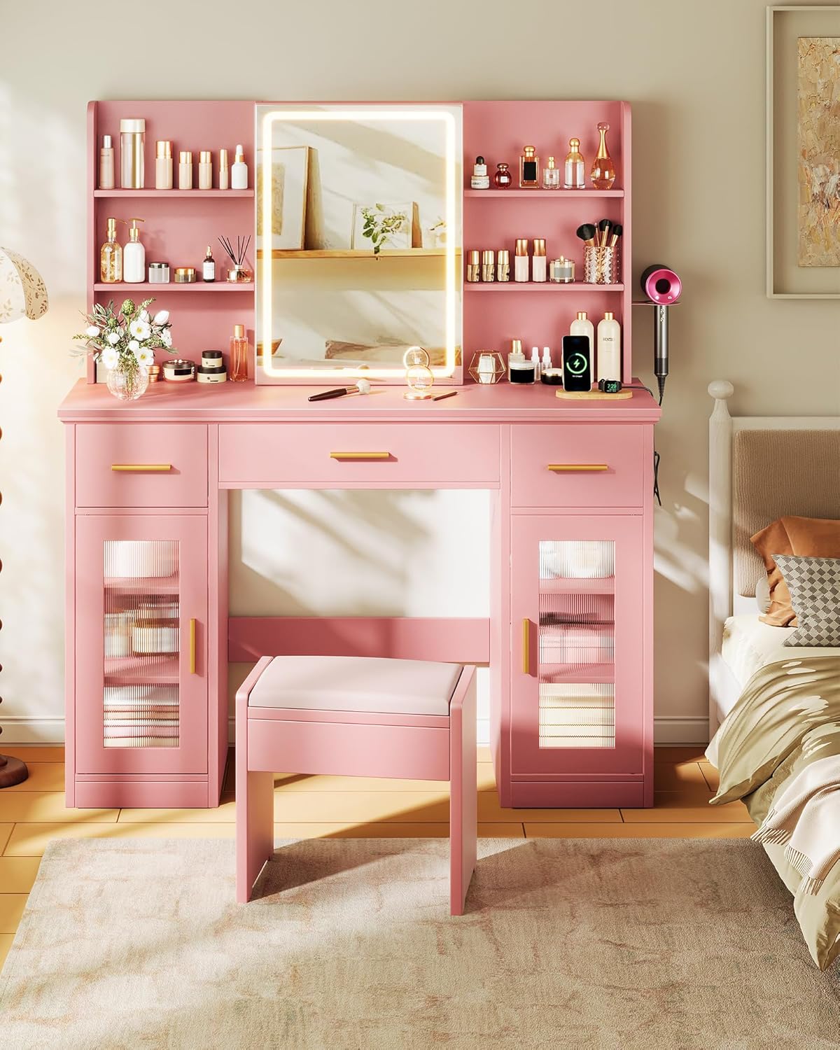 Memobarco Vanity Desk with Mirror and Lights, 43.5" Makeup Vanity with 3 Adjustable Lighting Modes, Large Vanity Desk with Sliding Mirror with 3 Drawers & 2 Cabinets, Power Outlets, Pink