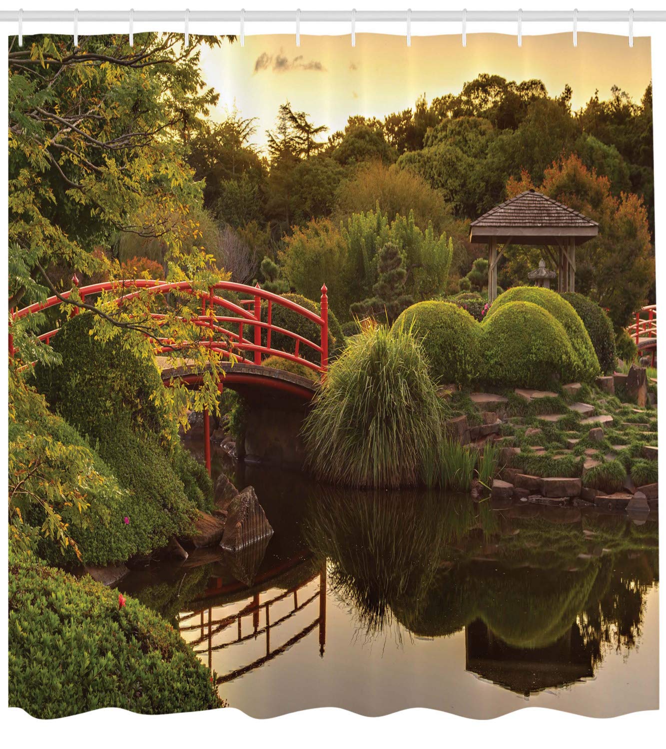 ABAKUHAUS Japanese Shower Curtain, Peaceful Garden Twilight Reflections in Water Red Bridge on Pond Sunset - Image 2