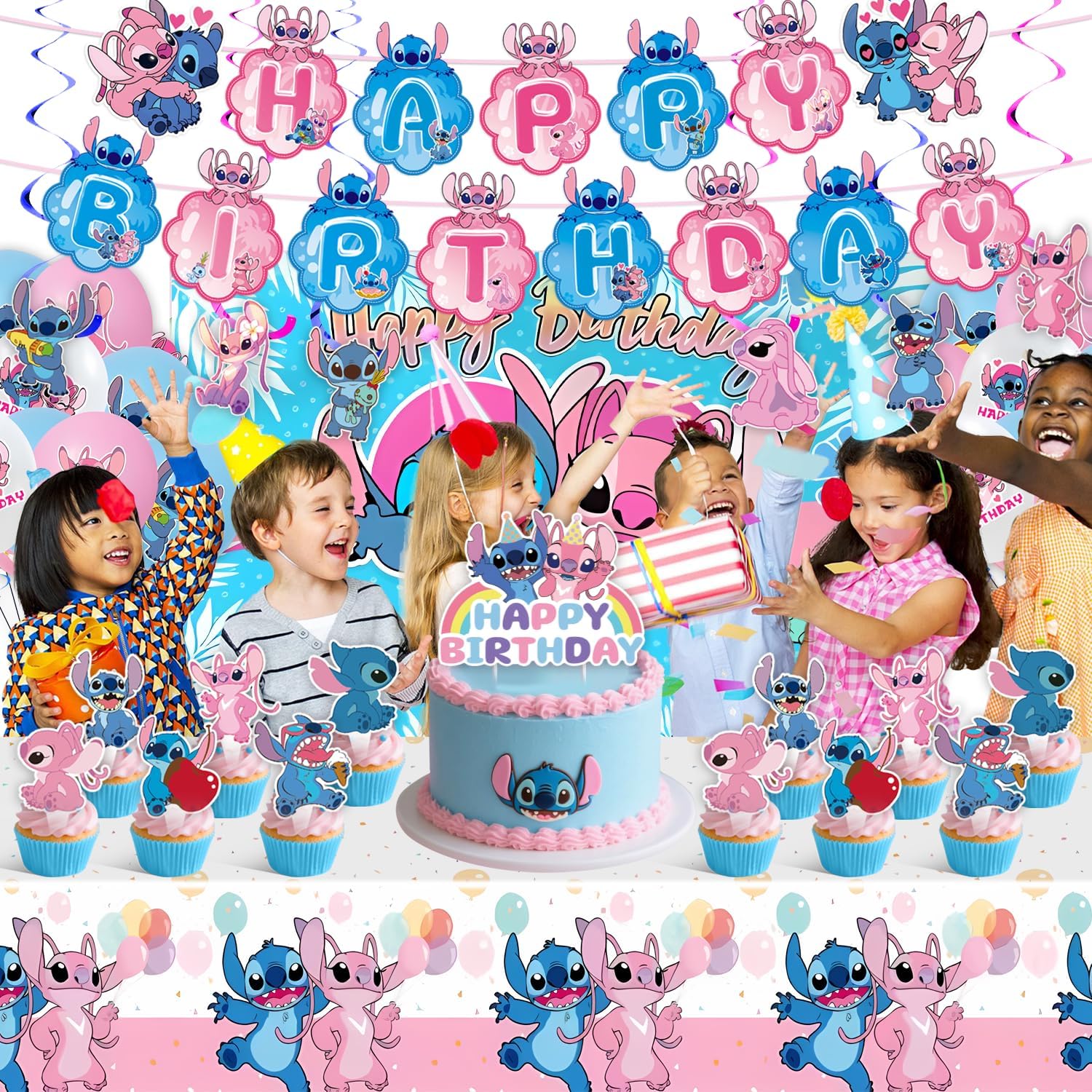 Stitch Party Supplies, Birthday Party Decorations Set Include Banner, Backdrop, Balloons, Hanging Swirls, Cake Cupcake Toppers, Tablecloth for Boys Girls Stitch Angel Party Decorations