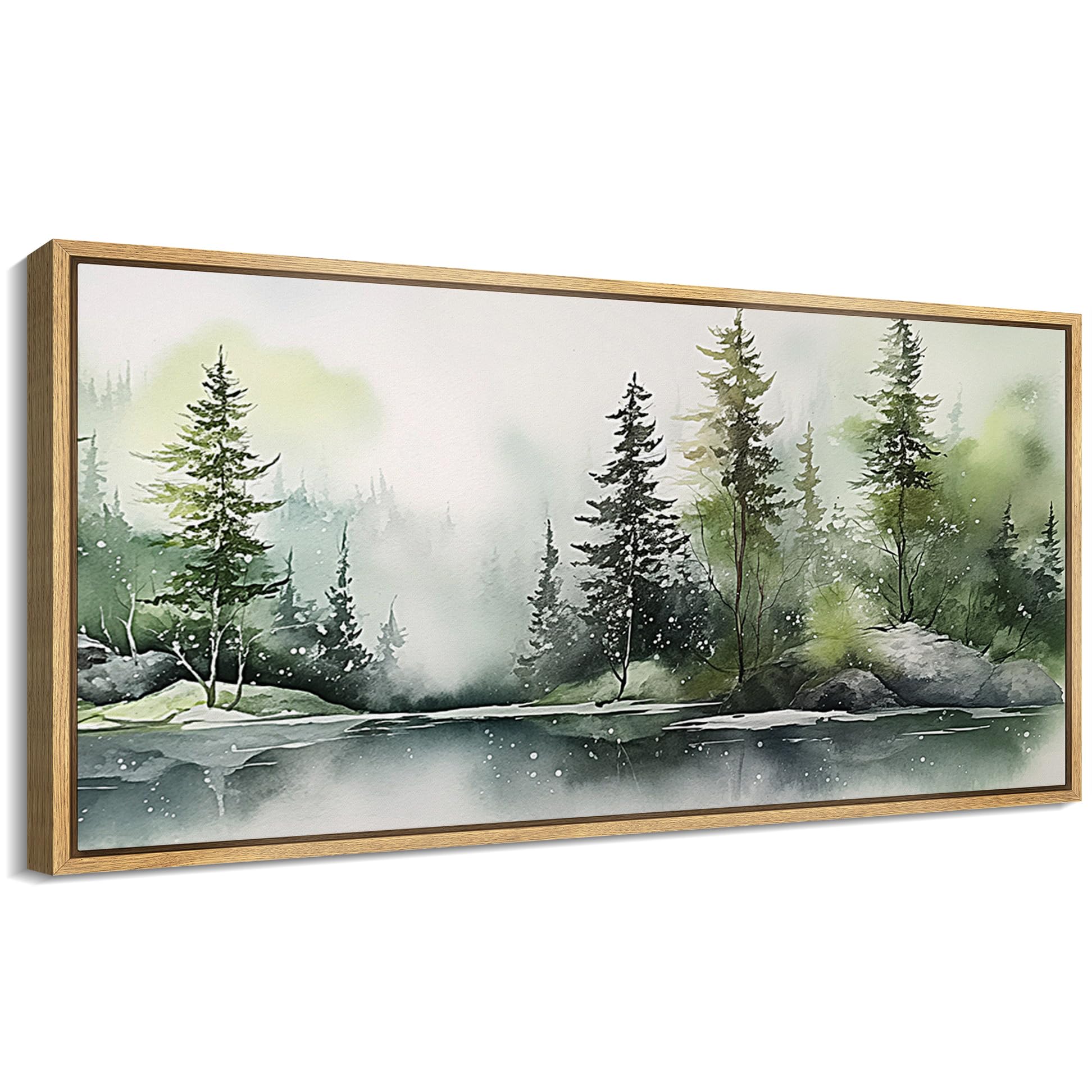 MUDECOR Extra Large Framed Canvas Print Wall Art Enchanted Winter Pine Forest Watercolor Landscape Antique Retro Fine Art Illustrations Decorative