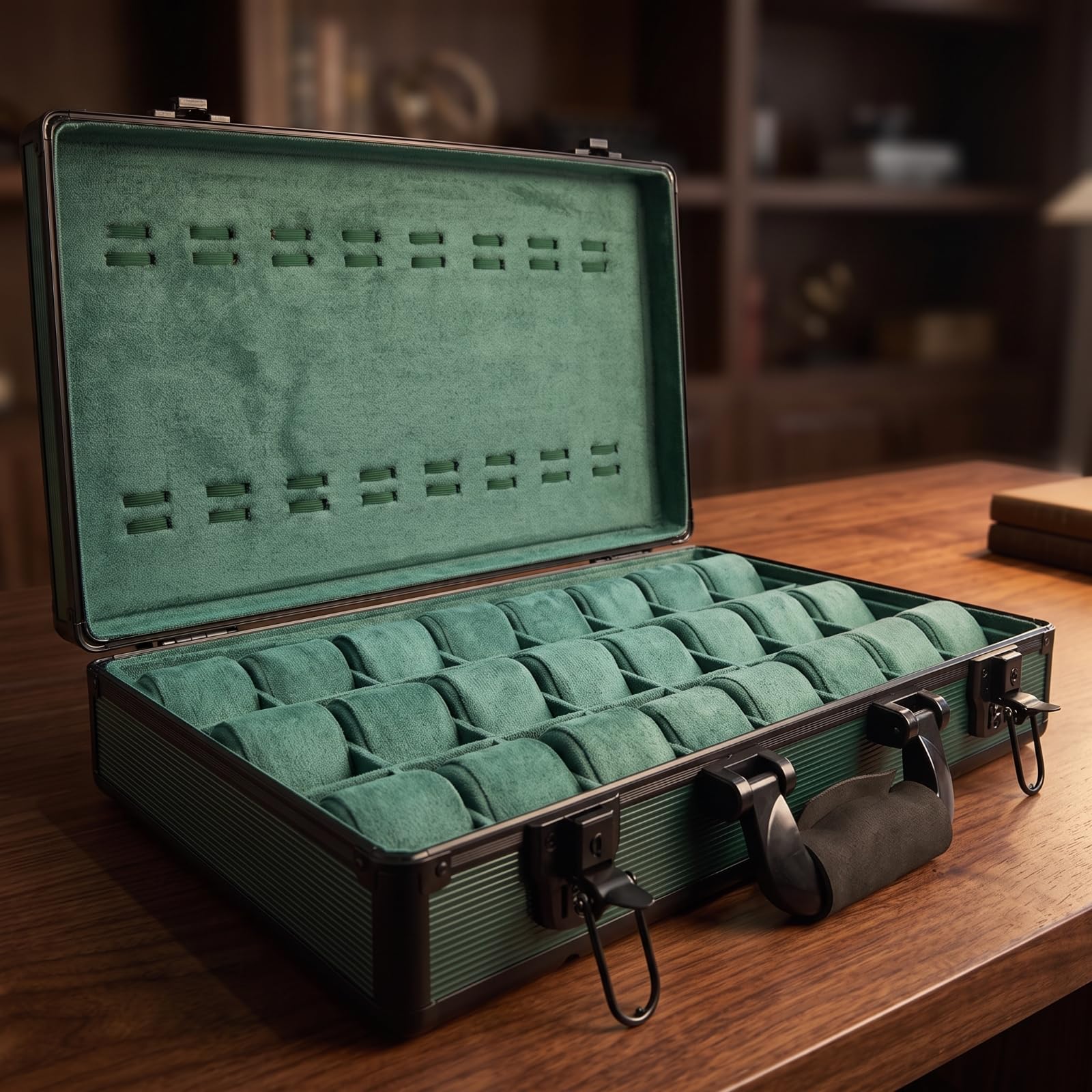Valigetta Orologi con 24 Scomparti | Rettangolare, Scatola Orologi in Alluminio, Compatta, Contenitore, per, Negozio, Collezionisti, 24 Slot Verde