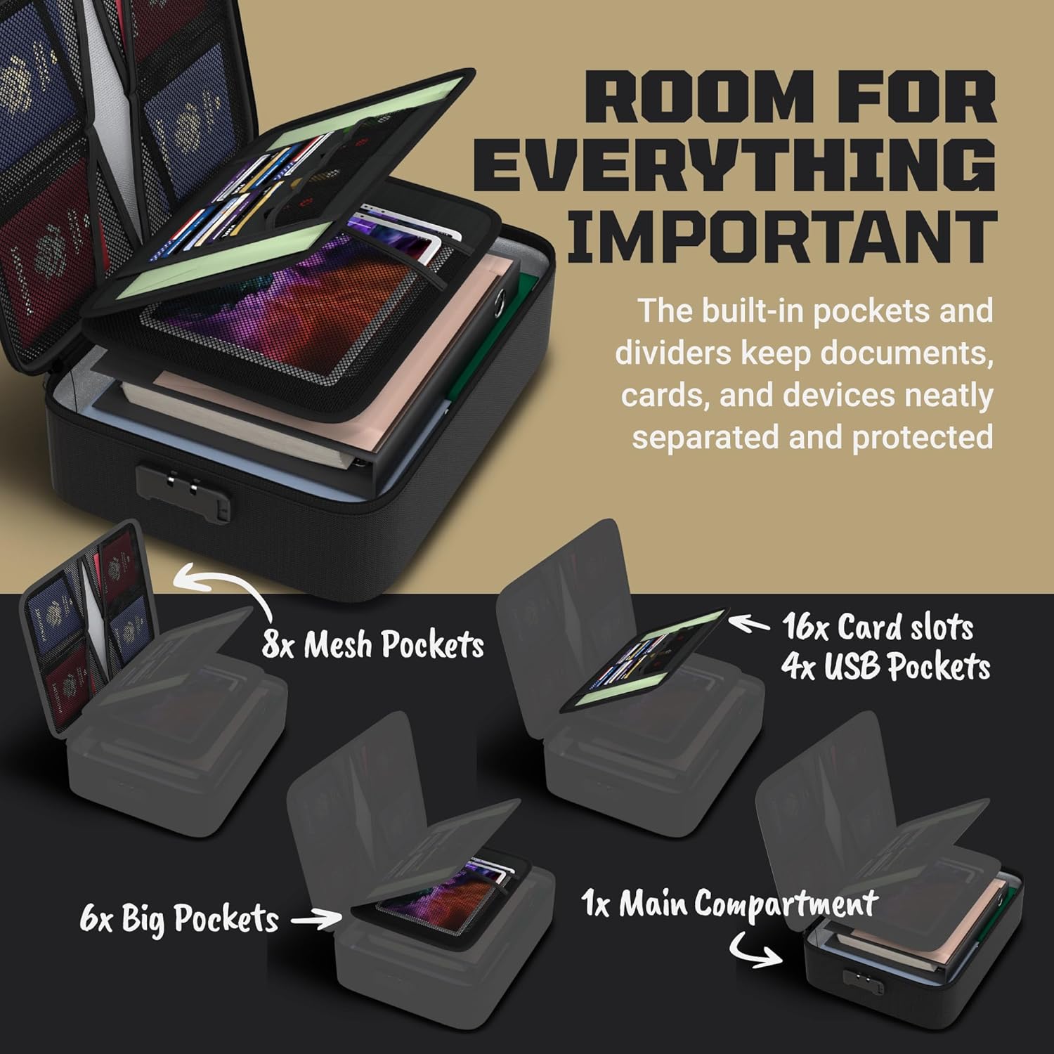 FIRESHIELD PRO 5200°F Fireproof Document Box with Lock – Fire Safe Organizer with Laptop, Tablet & Cards Pockets – Water Resistant, Multi-Pocket Storage for Travel, Home or Office – 15" x 11" x 4.1"