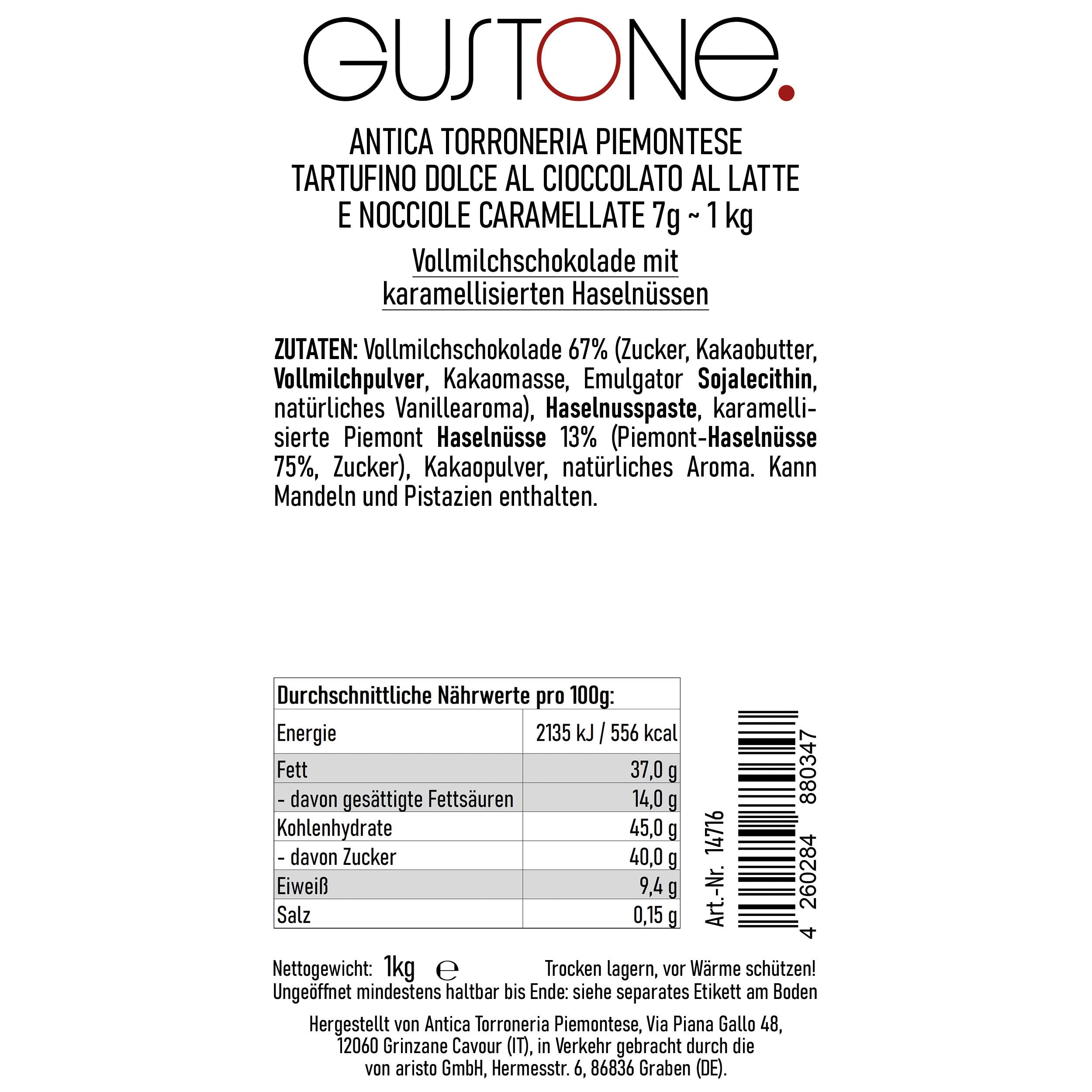 Tartufino dolce al cioccolato al latte e nocciole caramellate | Antica Torroneria Piemontese | Edle Trüffel Praline aus Italien | Schokoladen Trüffel mit Vollmilch Schokolade | 1 kg Großpackung