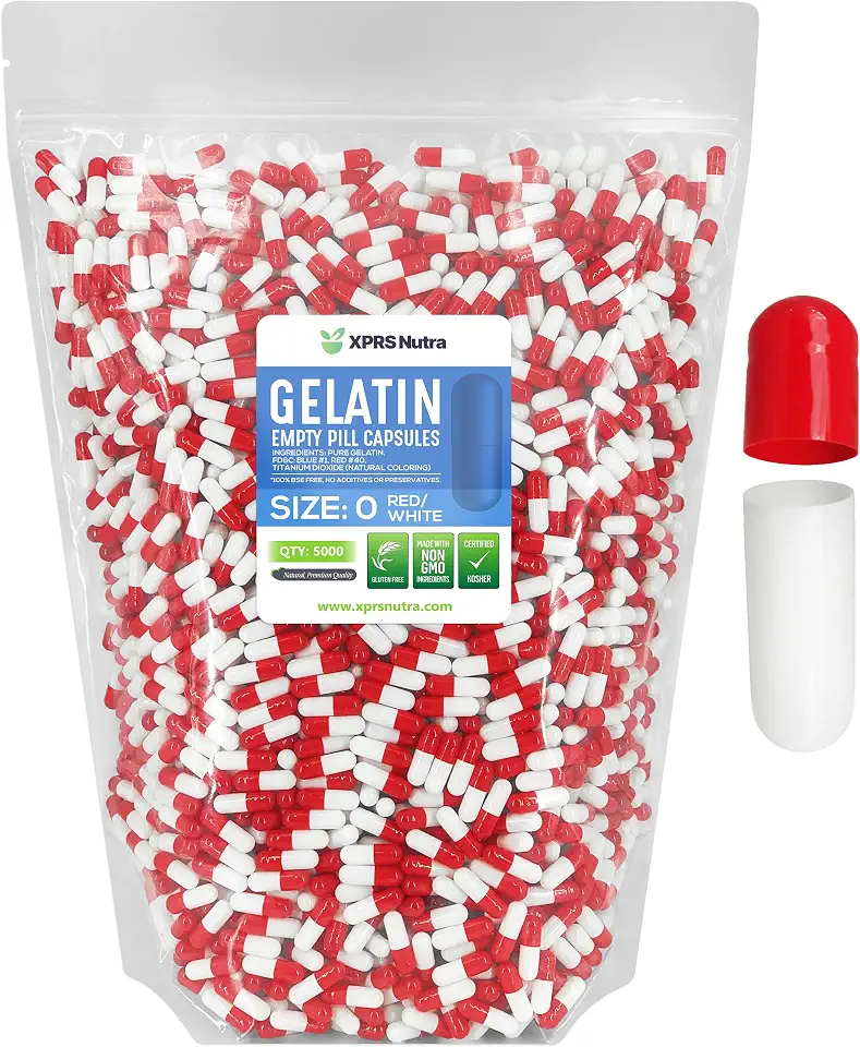 XPRS Nutra Size 0 Empty Capsules - 5000 Count Empty Gelatin Capsules - Pills DIY Capsule Filling - Pure Bovine Pill Gel Caps for Do-It-Yourself Supplements (Red/White)