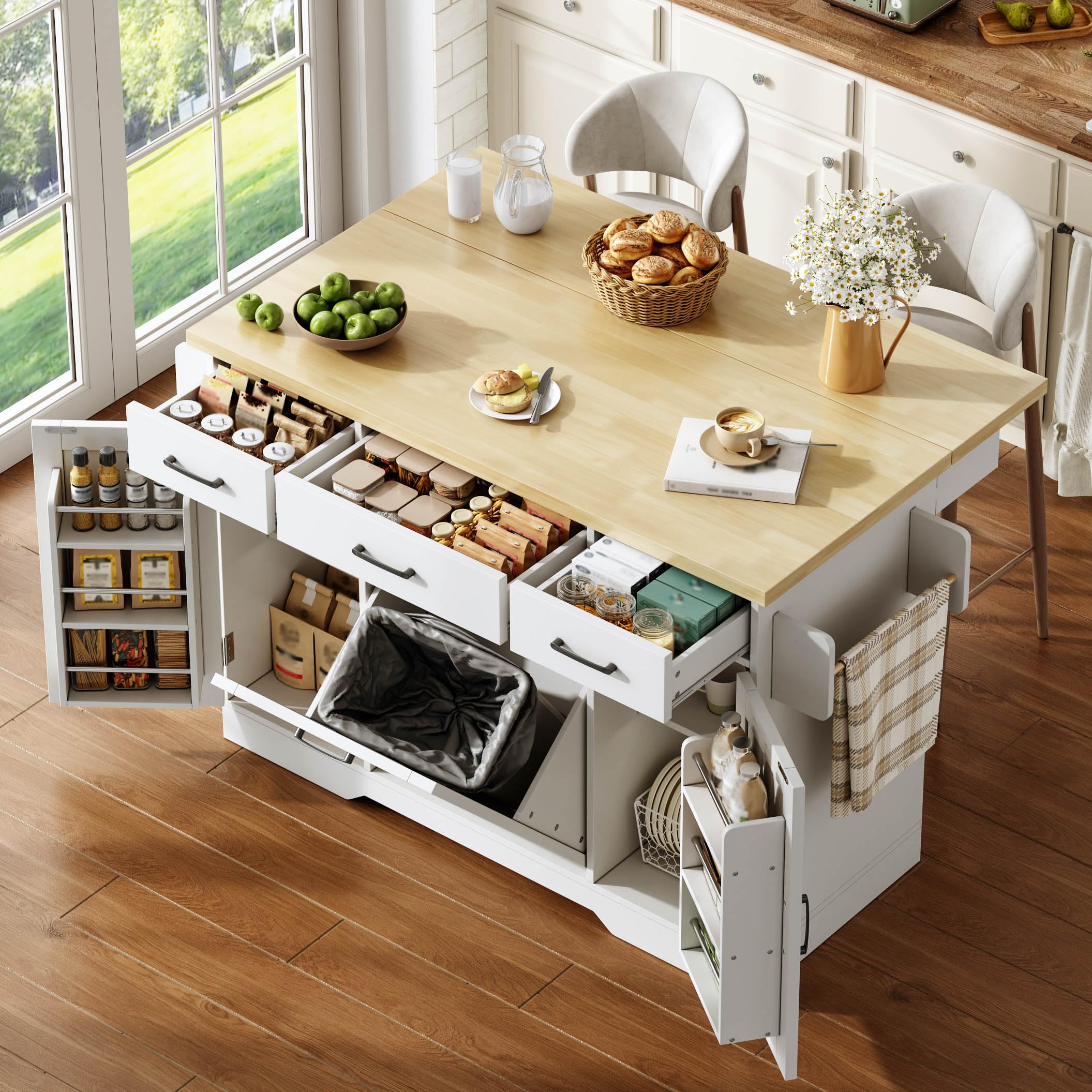 Gecheer Mobile Kücheninsel mit Arbeitsplatte 120 × 45 (70) × 87 cm Weiß | MDF, Integrierter Mülleimerschrank, Gewürzregal & Handtuchhalter, 360° Rollen Feststellbar, für 2-4 Personen, Küche Esszimmer