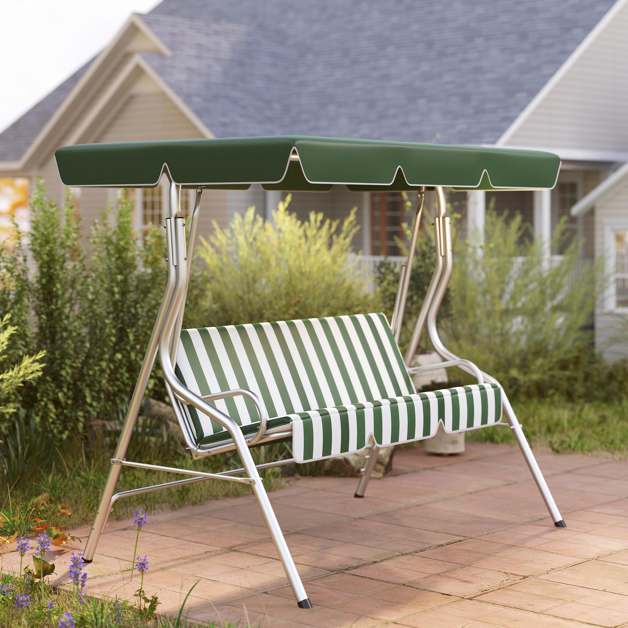 Outsunny Balancelle de Jardin 3 Places, balançoire extérieure Toit Inclinaison réglable, Motif à Rayures, avec Coussins Assise et Dossier, 1,7 x 1,1 x 1,53 m, métal Polyester, Vert