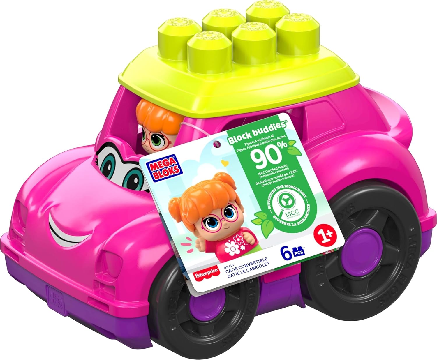 Mega Bloks First Builders Toddler Building Blocks Toy Set, Catie Convertible with 6 Pieces and Storage, 1 Figure, Pink, Ages 1+ Years