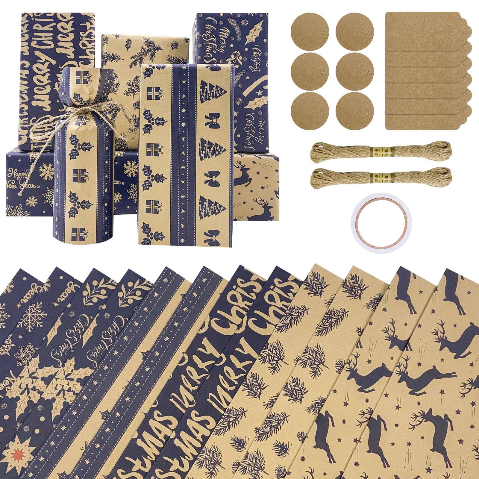 Zindoo 12 Sheets Christmas Wrapping Paper, Blue & Brown Xmas Gift Wrapping Paper, Recyclable Kraft Paper 70x50CM in Folded Sheets with 6 Christmas Designs (Bonus 2x10M Jute String & 12 Tags & Tape)