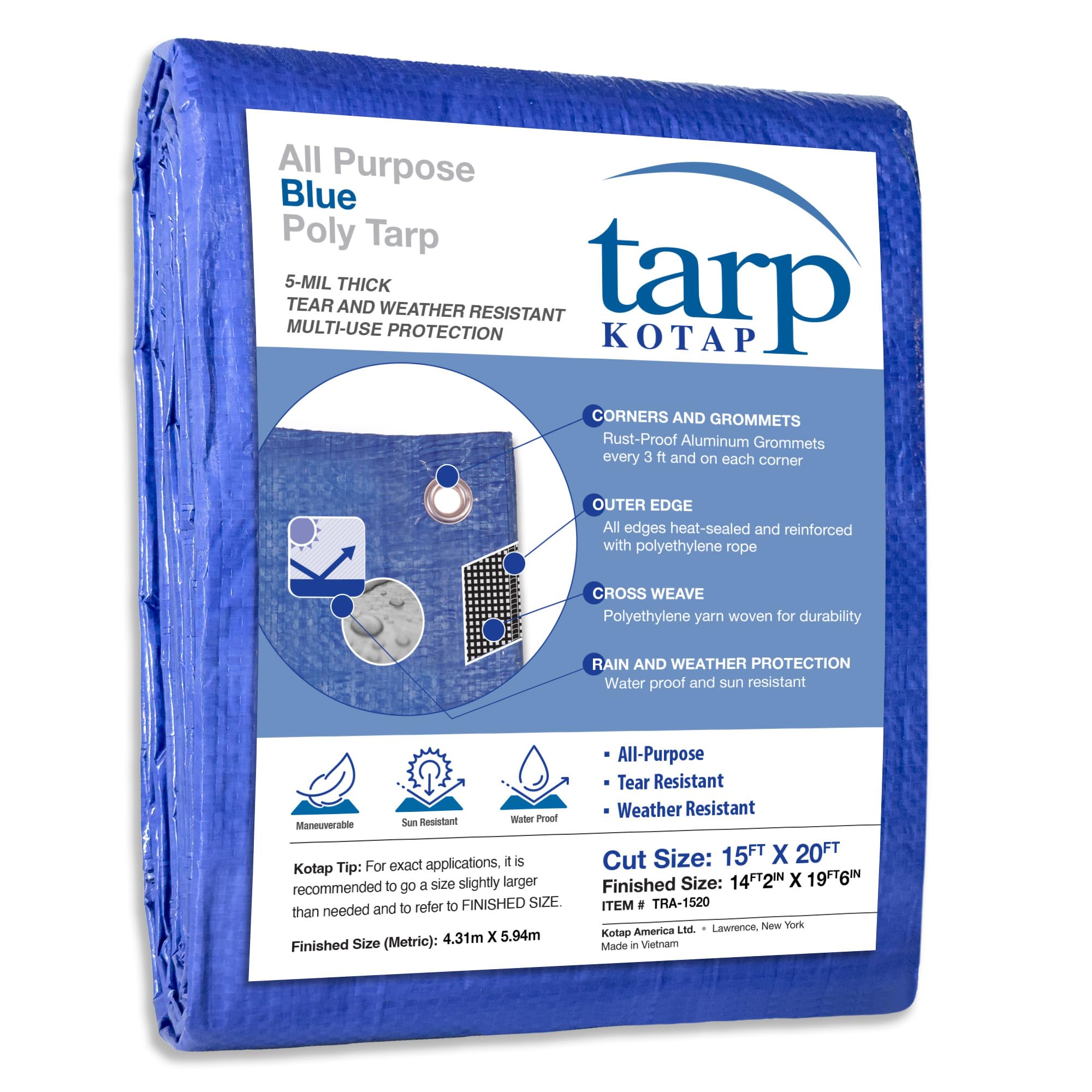 Kotap TRA-1520 Waterproof All-Purpose Multi-Use Protection/Coverage 5-mil Poly Tarp, Cut Size: 15 x 20'/Finished Size: 14' 2" X 19' 6", Blue