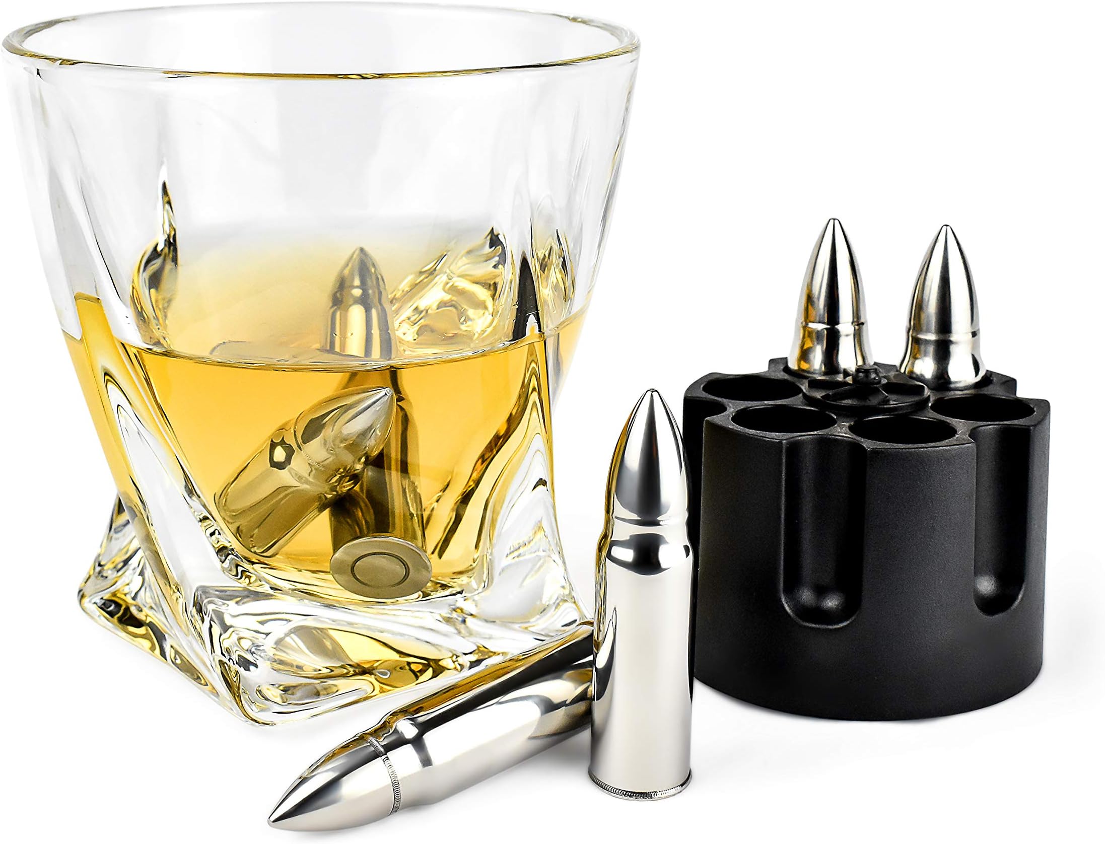 Metal Whiskey Stones Bullets with Revolver Base - Set of 6, XL Reusable Ice Cubes - Steel Chilling Rocks for Scotch Bourbon for Men, Father's Day, Christmas Stocking Stuffer, Military Man