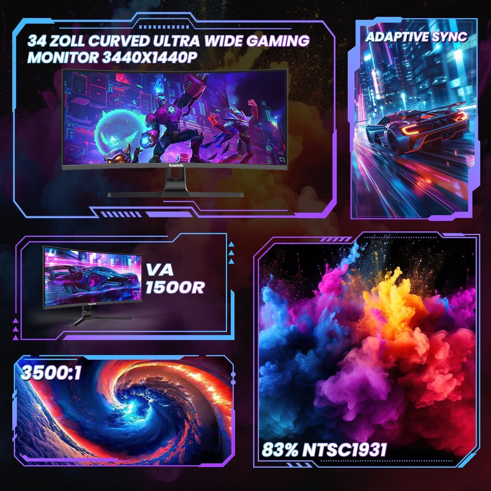 Gawfolk Monitor Gaming Curvo 34'' 240hz, UWQHD 3440x1440, 1500R， Adaptive Sync, HDMI2.0 & DP1.4