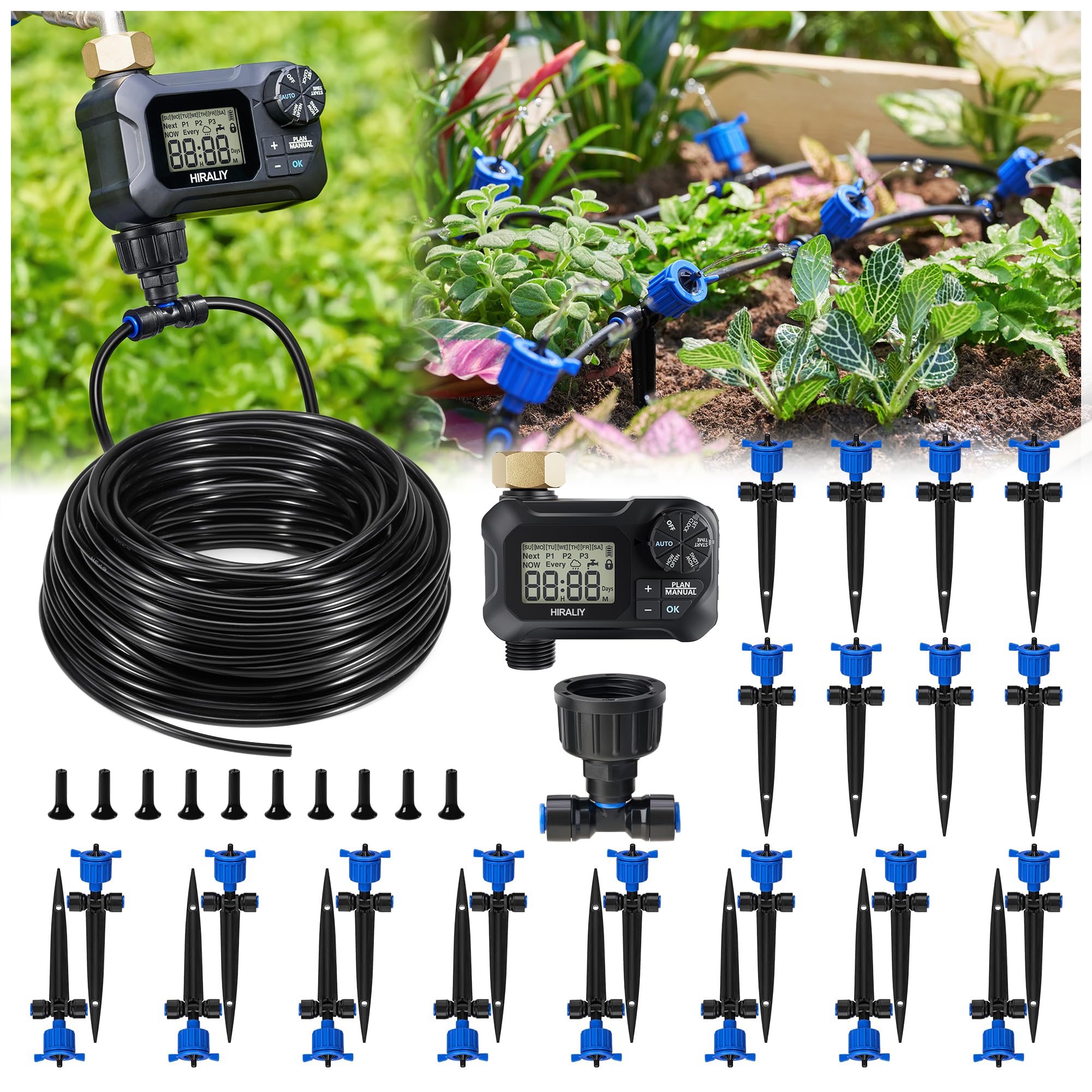 HIRALIY Sistema di irrigazione a compensazione della pressione con timer da giardino, nuovo sistema di irrigazione da giardino con connettore rapido, kit di irrigazione per piante, irrigazione
