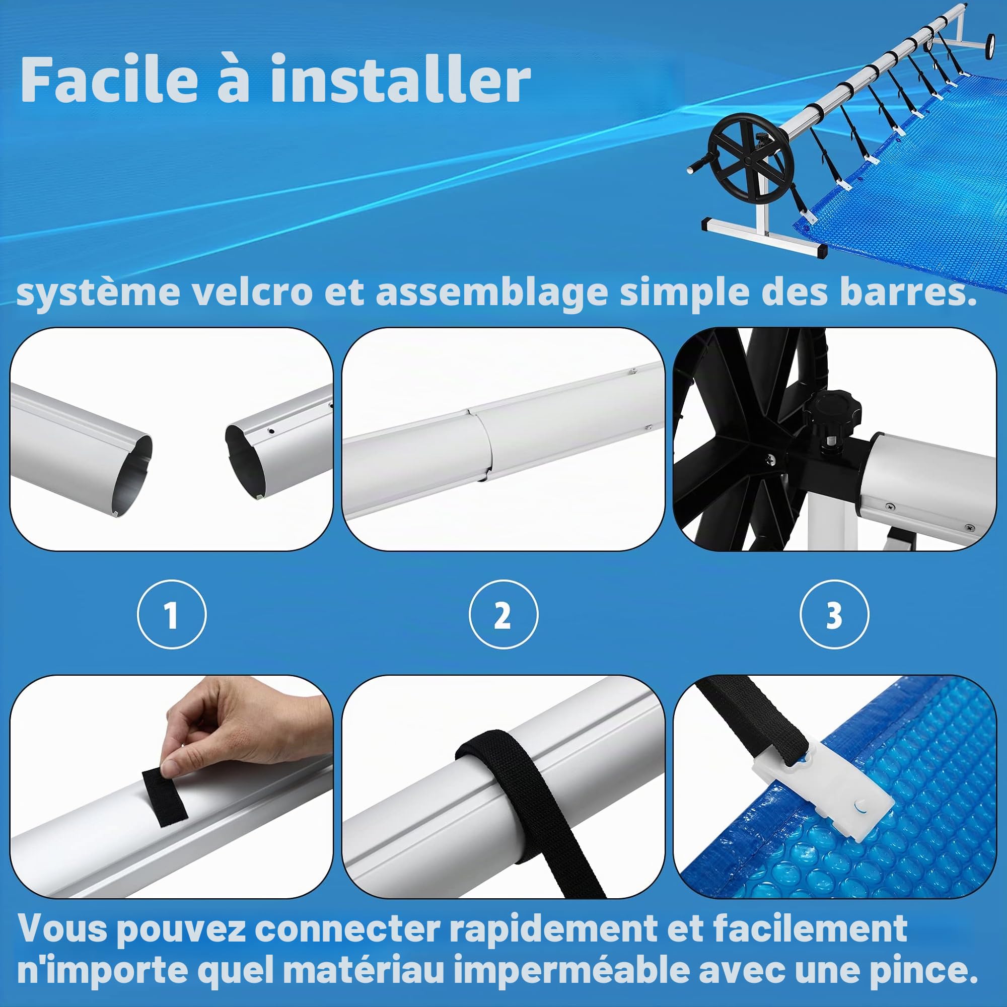 Aufun Enrouleur de Piscine de qualité supérieure - 3 à 5,70 m - Système d'enroulement Mobile pour bâche de Piscine et Housse - Enrouleur Mobile en matériau résistant aux intempéries-Fixation et Roues