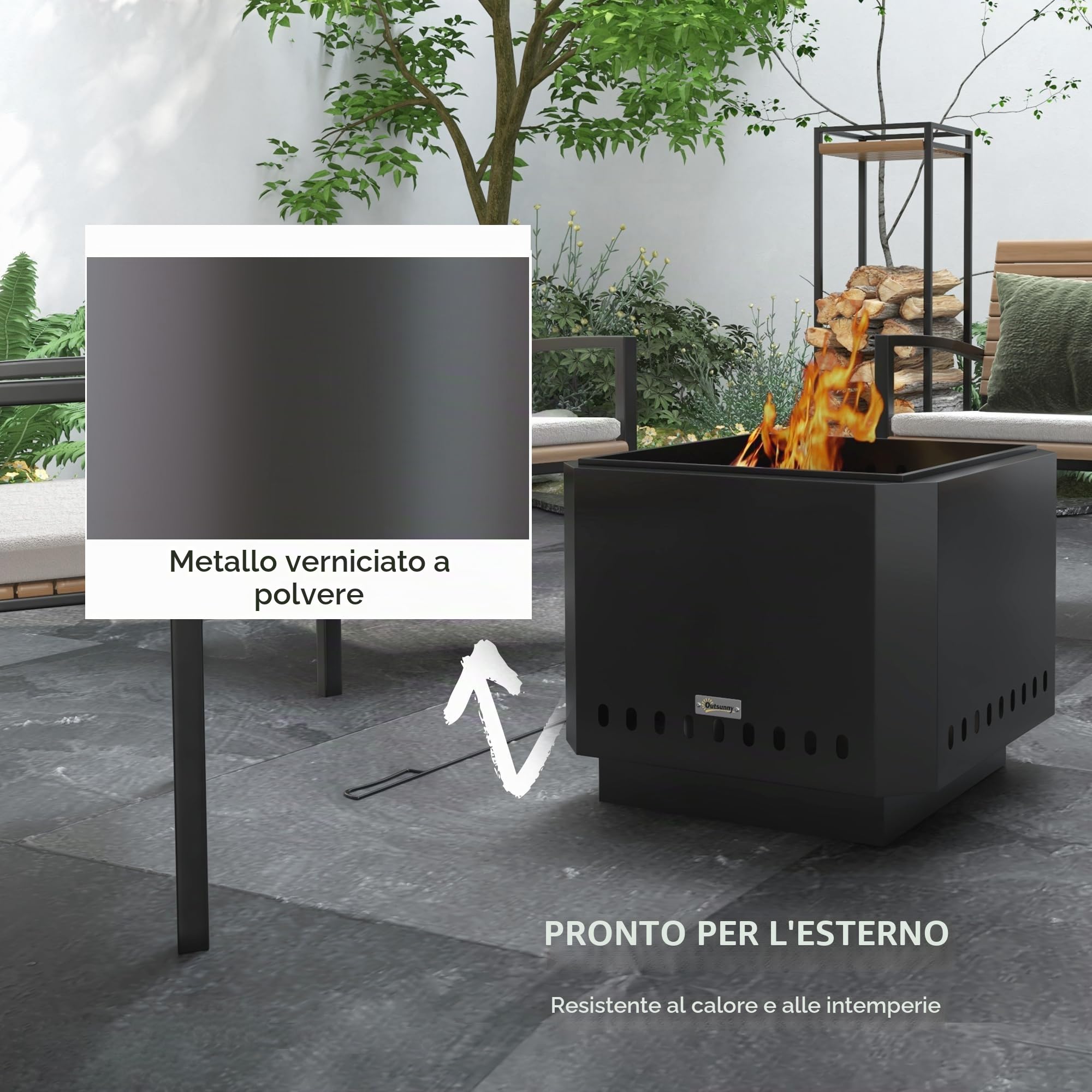 Outsunny Focolare senza fumo 48 cm portatile a legna, Nero | Stufa da falò quadrata in metallo, attizzatoio, giardino, campeggio