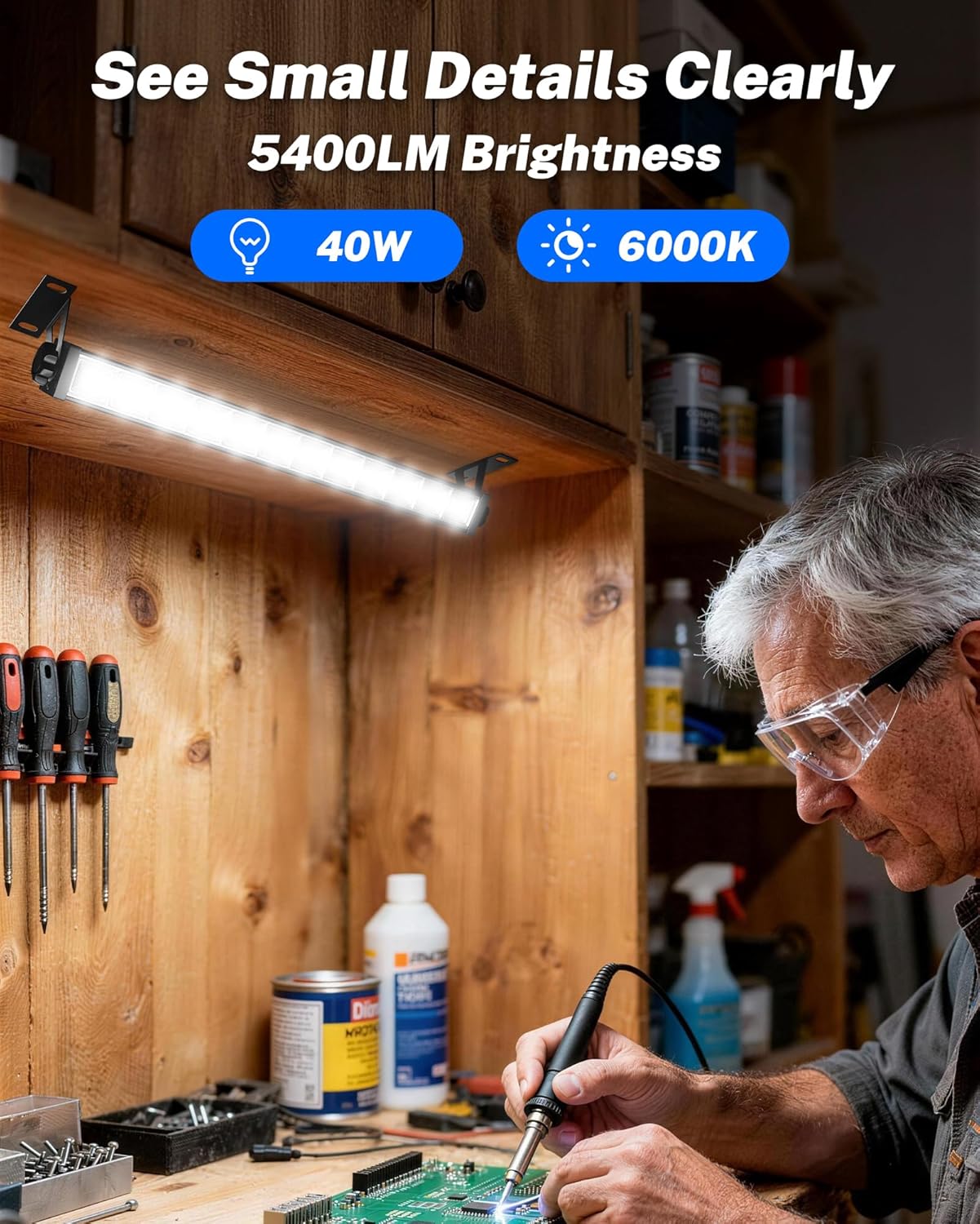 4 Pack LED Shop Lights, 40W 5400LM Plug in Garage Lights with 6.6FT Long Power Cord and On/Off Switch, 6000K Daylight White Work Light for Garage, Workshop, Warehouse