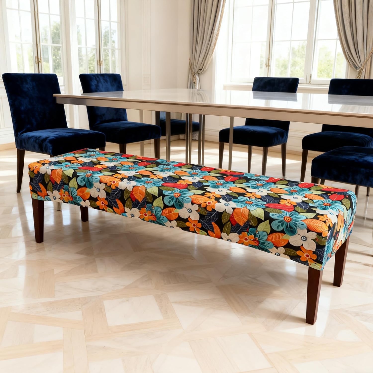 Floral Dining Bench Cover 60 inches Length Stretch Bench Slipcover for Bedroom Printed Rectangle Washable