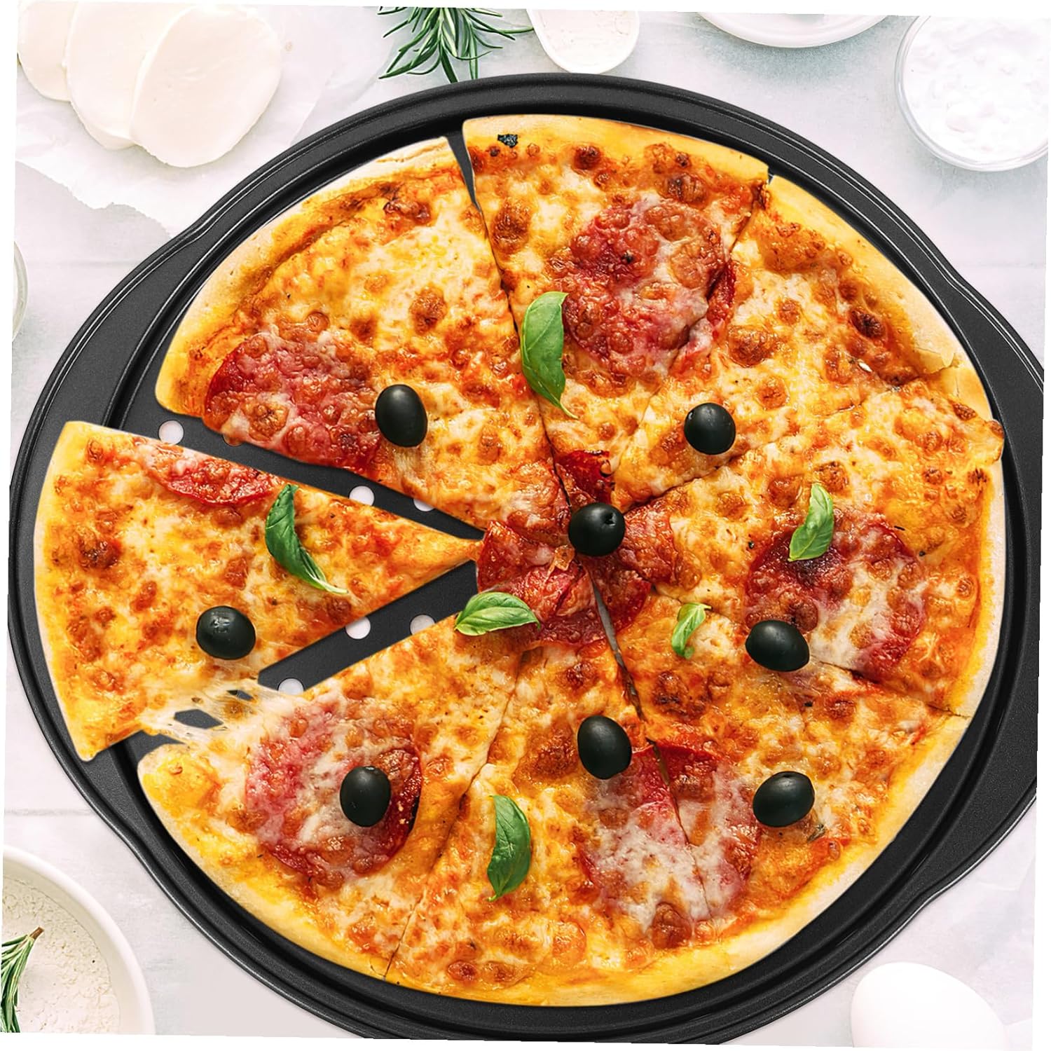 4 Pcs Carbon Steel Pizza Pans with Nonstick Perforated Crisper Trays Small Grips for Easy Handling Oven Baking Supplies for Home Kitchen High Temperature Resistant Pizza Tray
