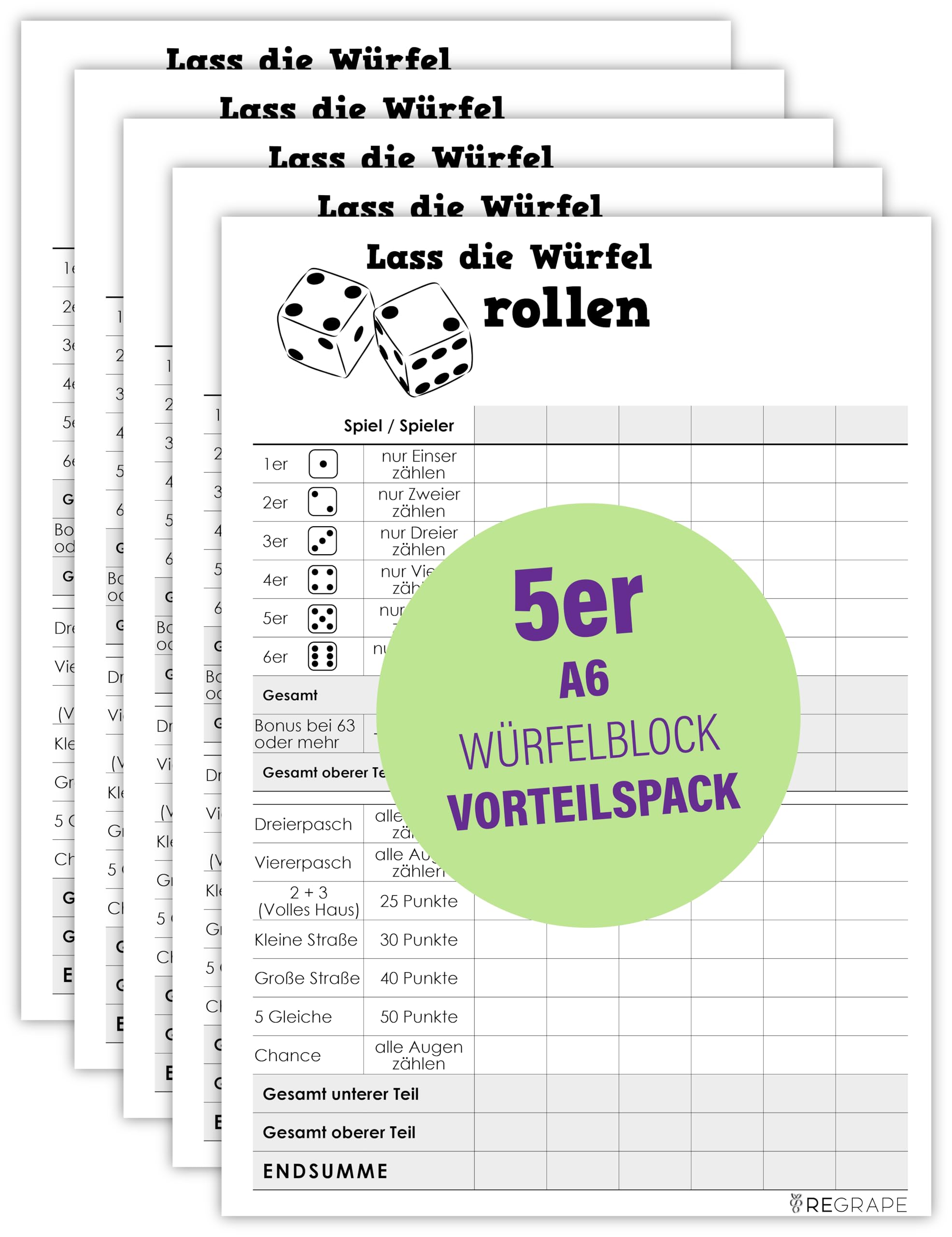 ReGrape Vorteilspaket 5 x Ersatz Würfelblock, A6, Qualitätspapier, Durchschlagsicher, Made in Germany, umweltfreundlicher Druck