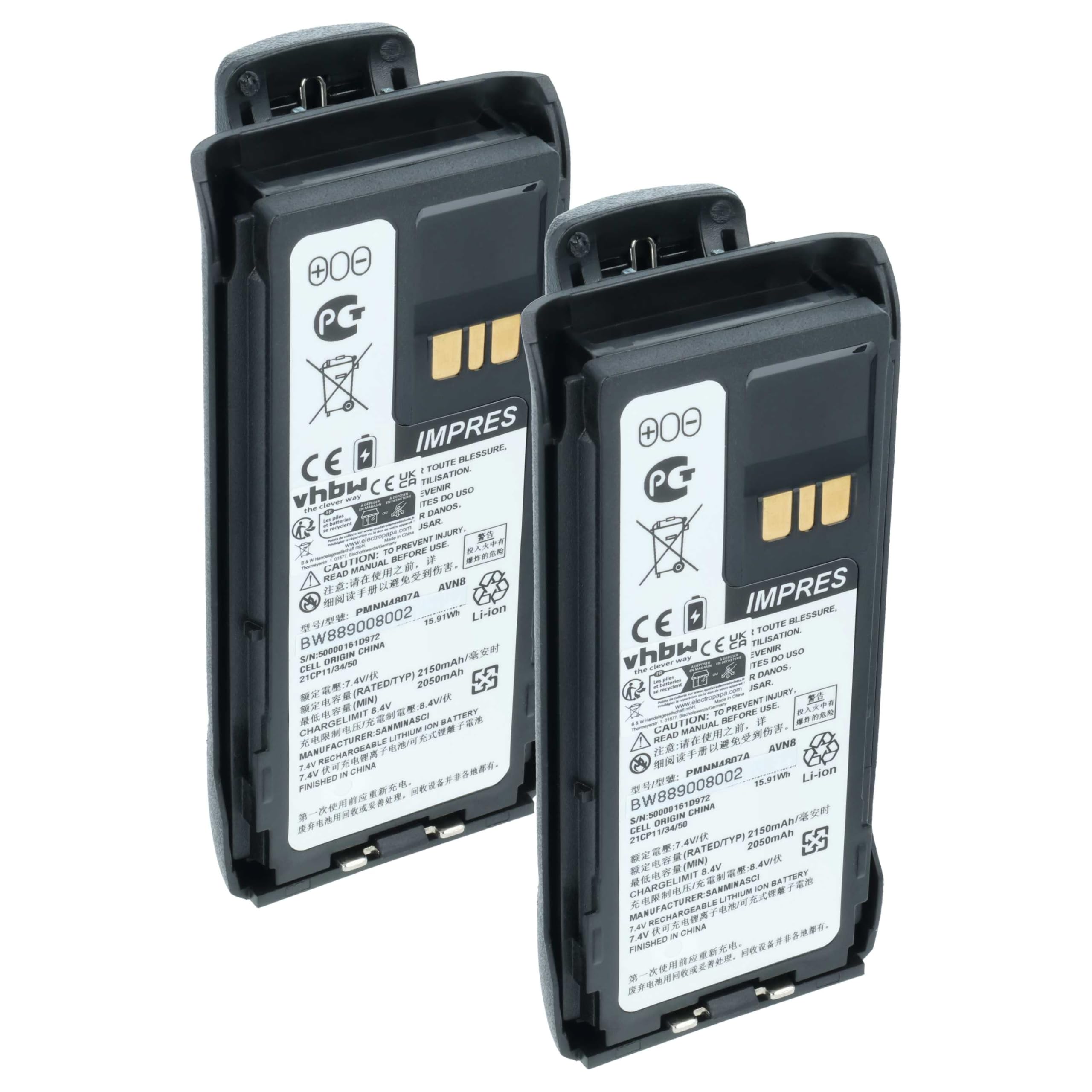 vhbw 2 x akumulator zamienny do Motorola PMNN4810, PMNN4809, PMNN4809A do krótkofalówki, Walkie Talkie (2150 mAh, 8,4 V, Li-Ion) + klips do paska