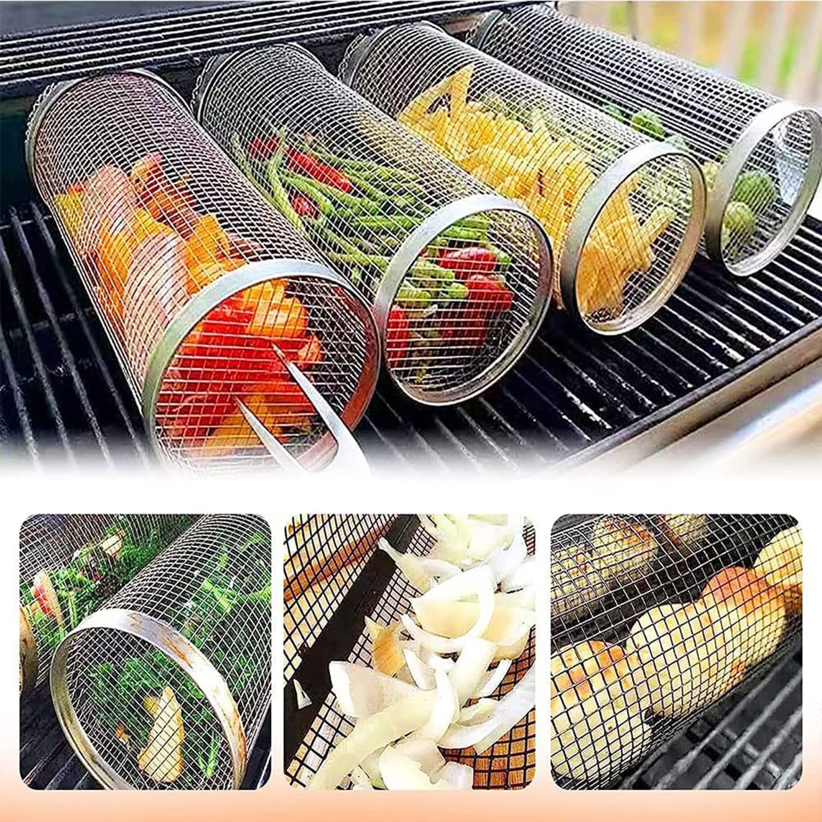 Koszyk do grilla okrągły ze stali nierdzewnej, na zewnątrz grill ze stali nierdzewnej kosz na ognisko grill kratka kemping piknik naczynia kuchenne, akcesoria do grillowania, L, 4 szt