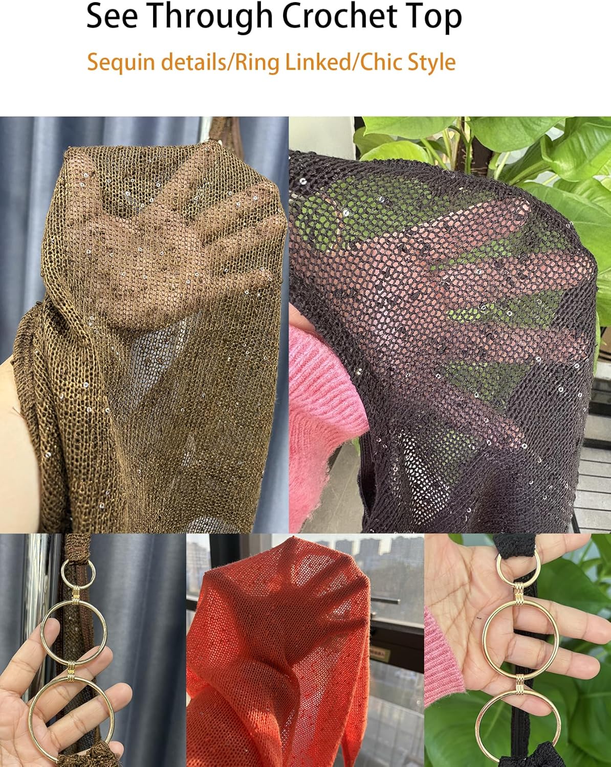 OYOANGLE Women's Sexy See Through Halter Top Sequin Sparkly Ring Linked Backless Crop Blouse Y2K Going Out - Image 4