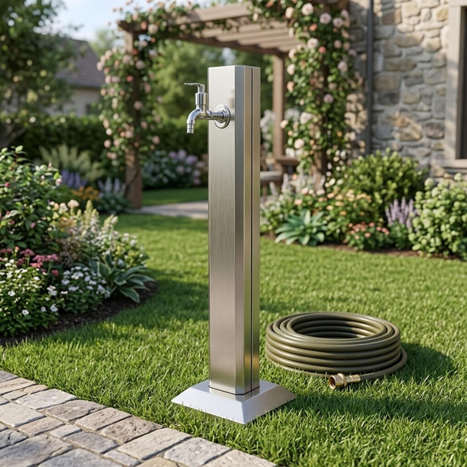 Columna de agua para jardín, Fuente de exterior en acero inoxidable 304 | Grifo de pie para jardín, Dispensador de agua vertical para riego y limpieza