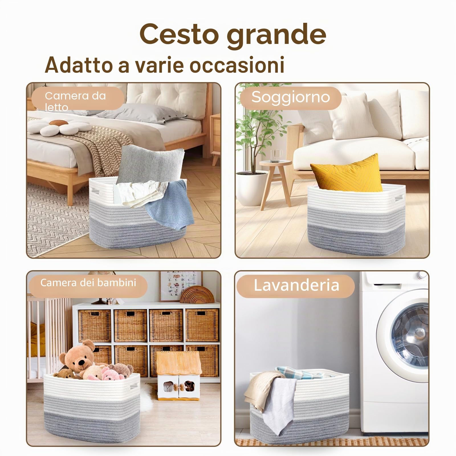 Grande cestino per coperte-54×43×30cm Cesto Portaoggetti rettangolare in corda di cotone intrecciato per coperte, giocattoli per bambini e vestiti,grigio sfumato