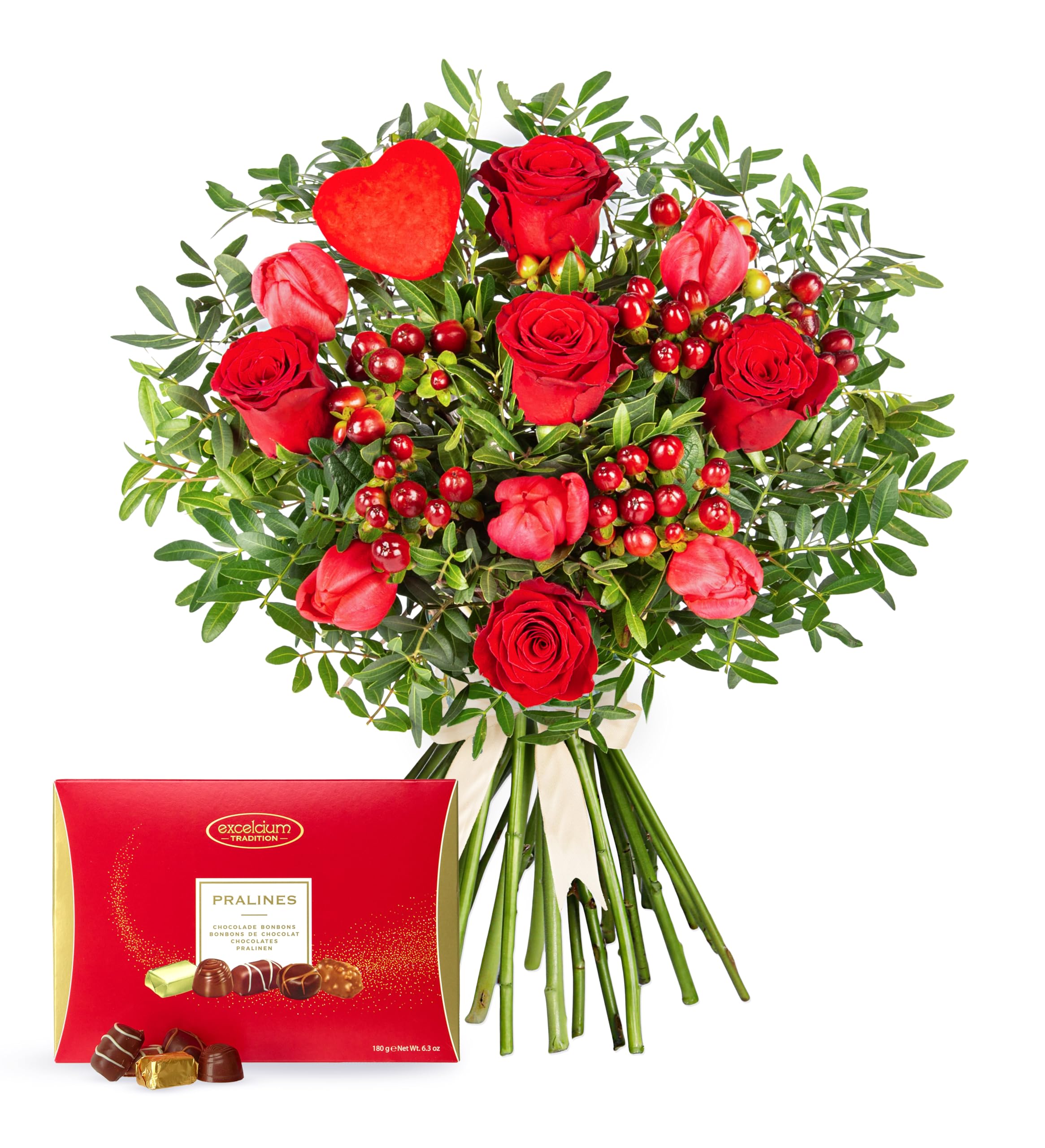 J'adore - Fresh Flowers - Red roses, vibrant tulips, and red berries set against a backdrop of lush forest greens - Valentines Flower - Gifts for Her - Valentine Bouquet (+Chocolates)