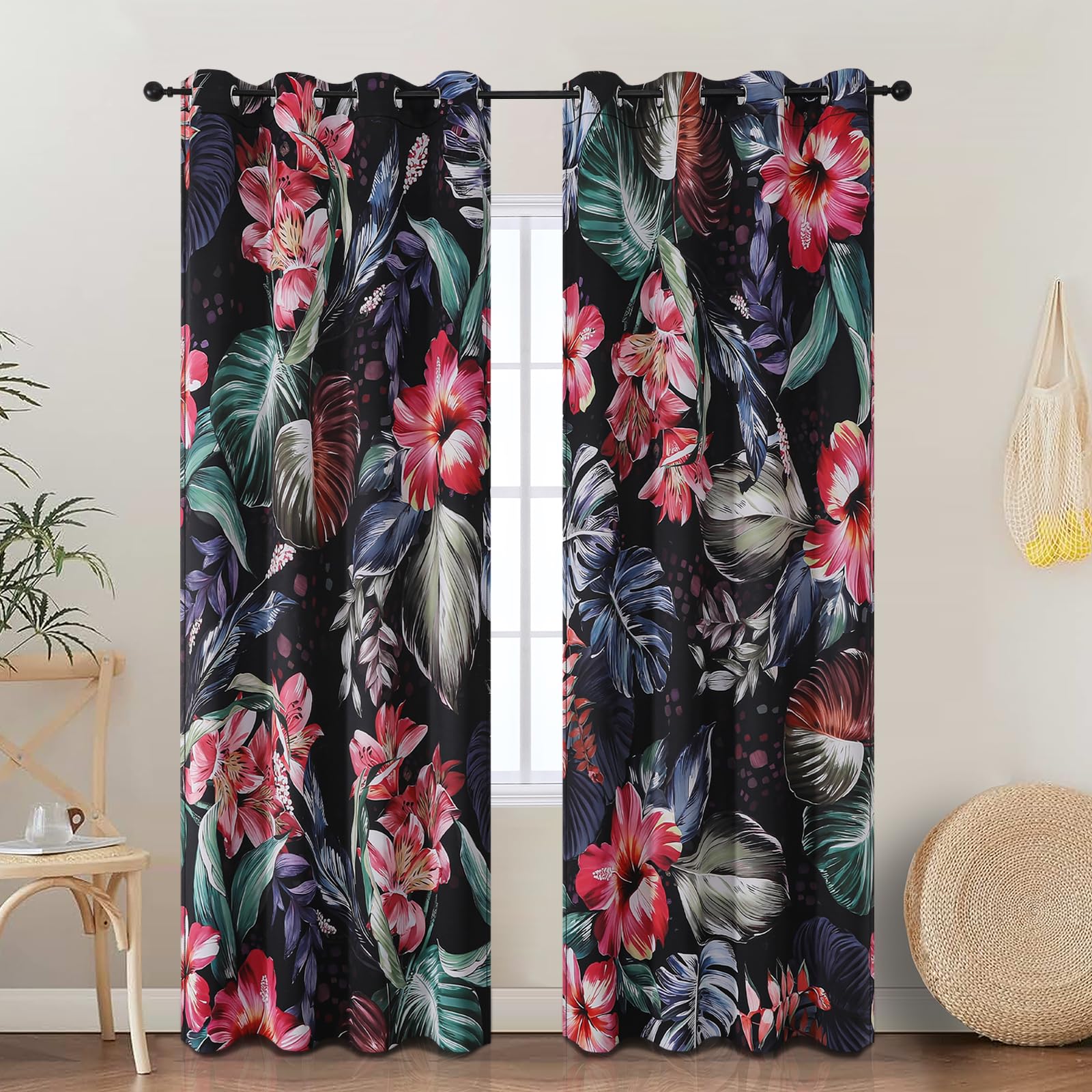 VEHEDE Boho Floral Curtains, Vintage Black Colorful Printed Living Room Darkening Curtain for Bedroom, 90 inch Long Red Flowers Green Leaf Eyelet Thermal Insulated Drapes 2 Panels W52 X L90 Inch โ image 1