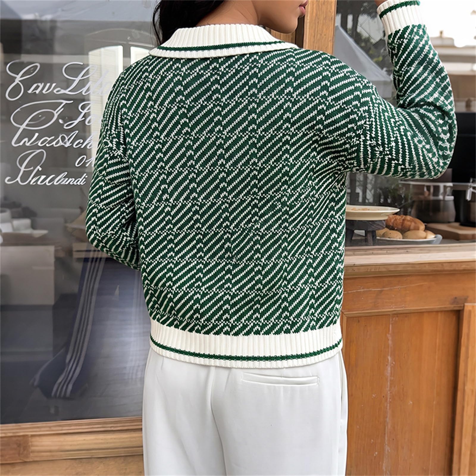 Pullover da donna a maniche lunghe con colletto a polo pied de poule