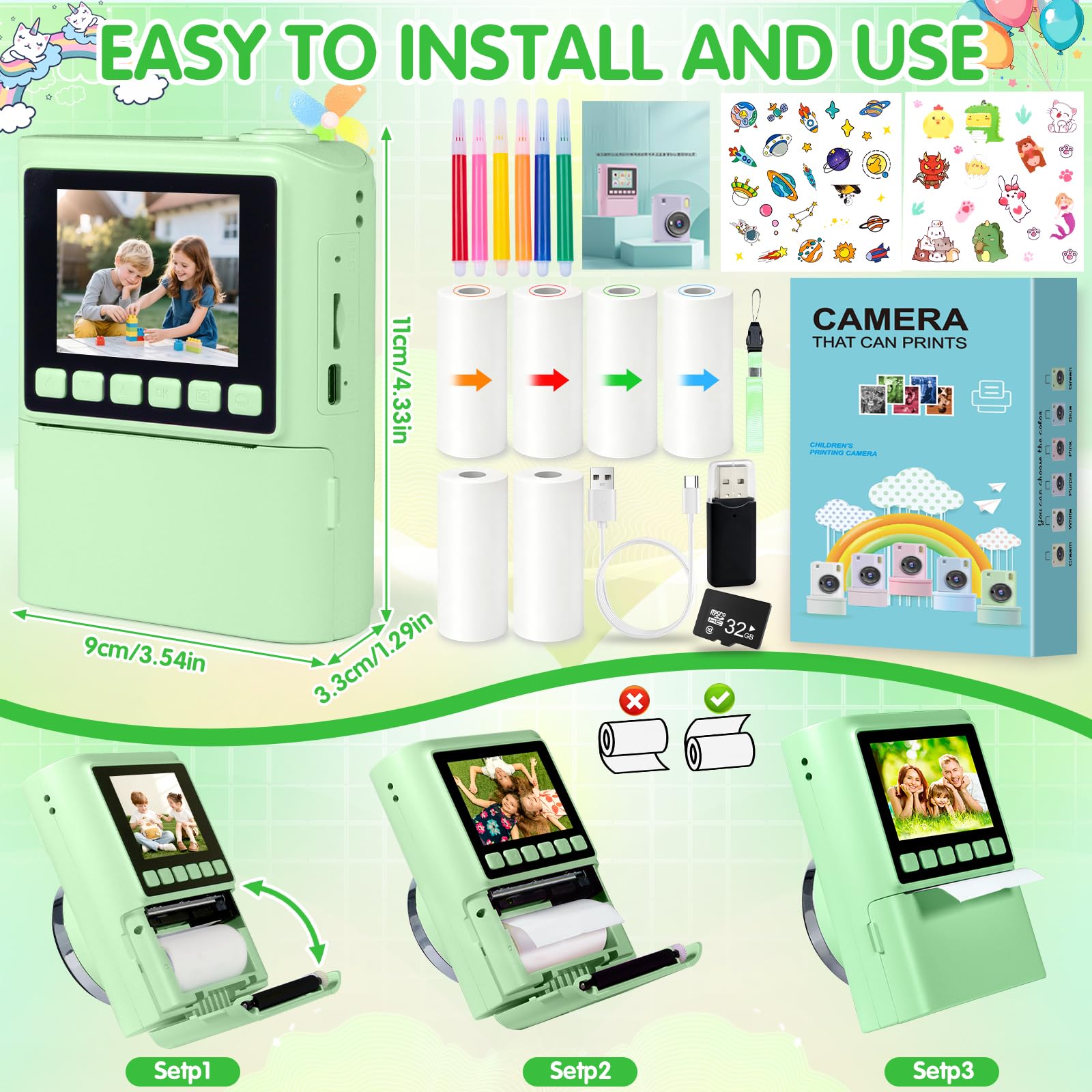 Macchina Fotografica Bambini Istantanea,2.4 Pollici 1080P Fotocamera Digitale Bambini con 32GB e 6 Rotoli di Carta da Stampa,Fotocamera,per Bambine i dai 3-12 Anni