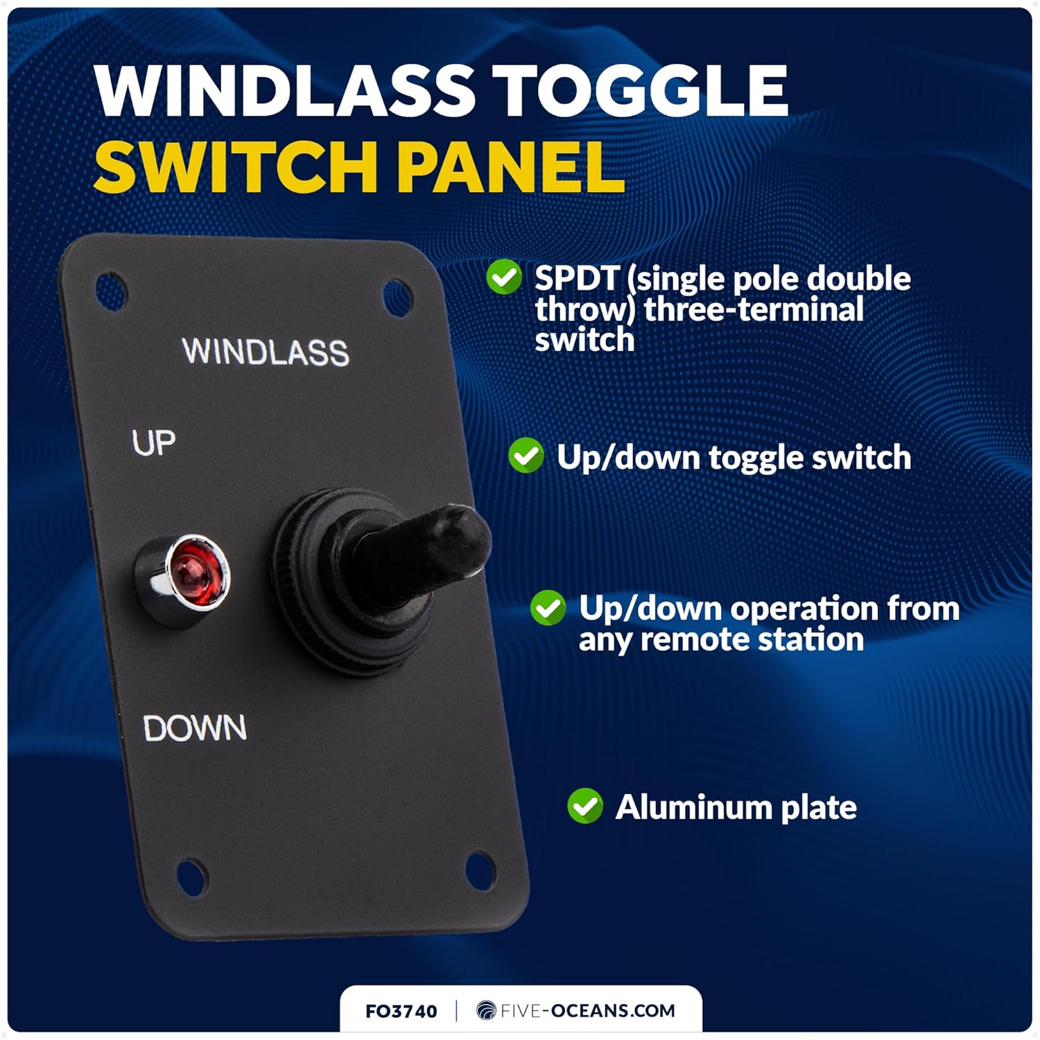 Five Oceans Toggle Boat Anchor Windlass Switch, Controlling Up/Down Function of Boat Anchor Windlasses, Waterproof, 12 Volts, SPDT 3-Terminal Switch, Stainless Steel Plate - FO3740
