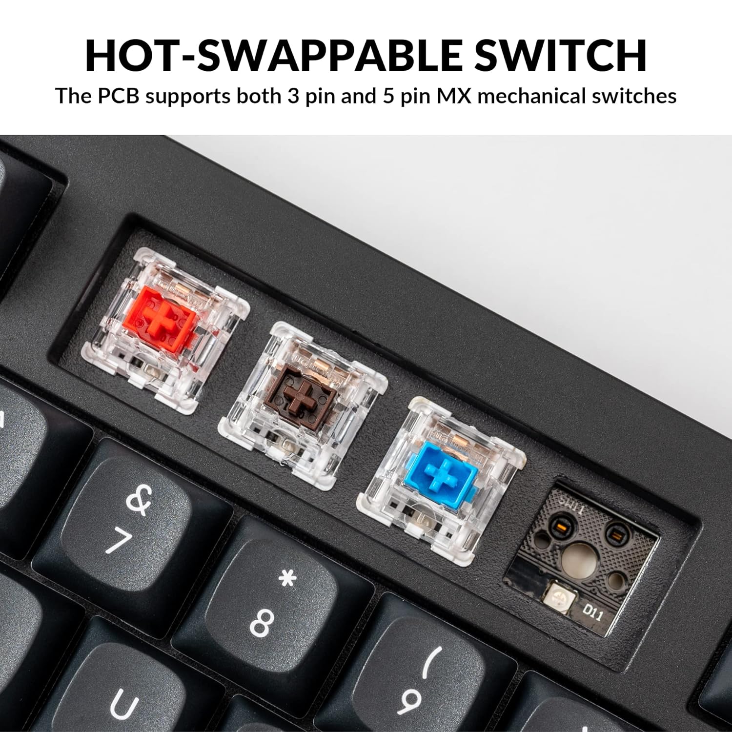 Pilnas view of the Keychron V5 keyboard with its 96% layout and keycaps.