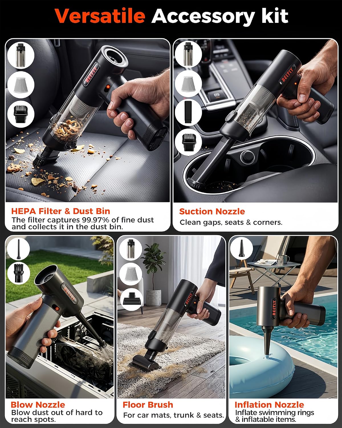 FT55 Portable Car Vacuum with Removable Battery 19kPa Suction Power