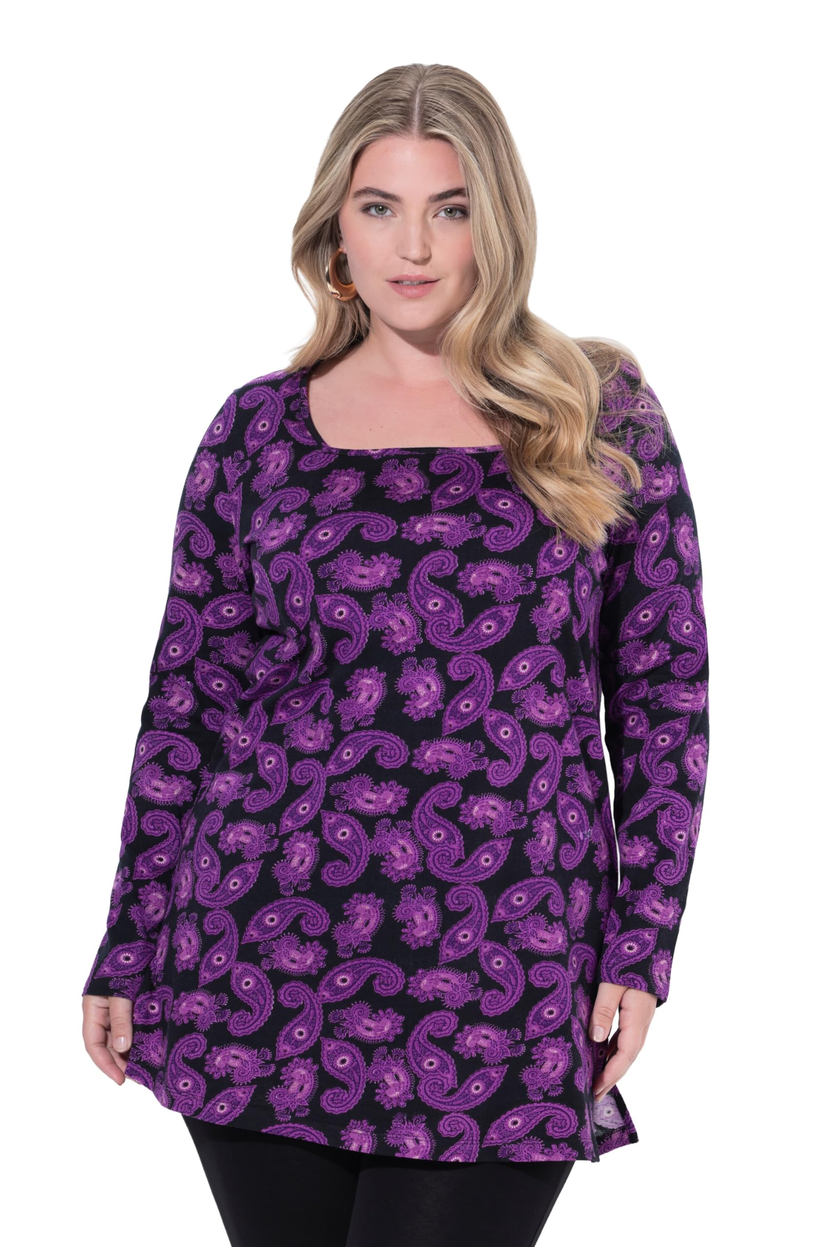 Ulla Popken Damen große Größen Übergrößen Plus Size Longshirt, Paisley, A-Linie, Carré-Ausschnitt, Langarm 844605