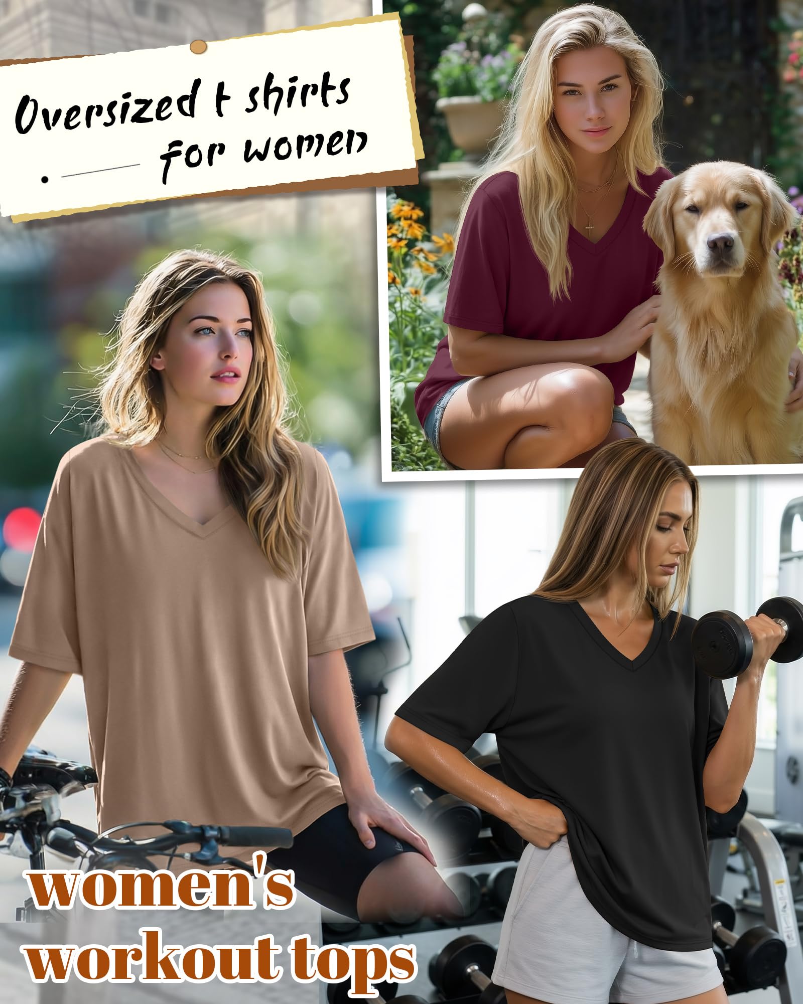 Geyoga Lot de 3 t-Shirts Oversize Femme à Manches Courtes et col V, Coupe Ample, Basiques et décontractés pour l'été