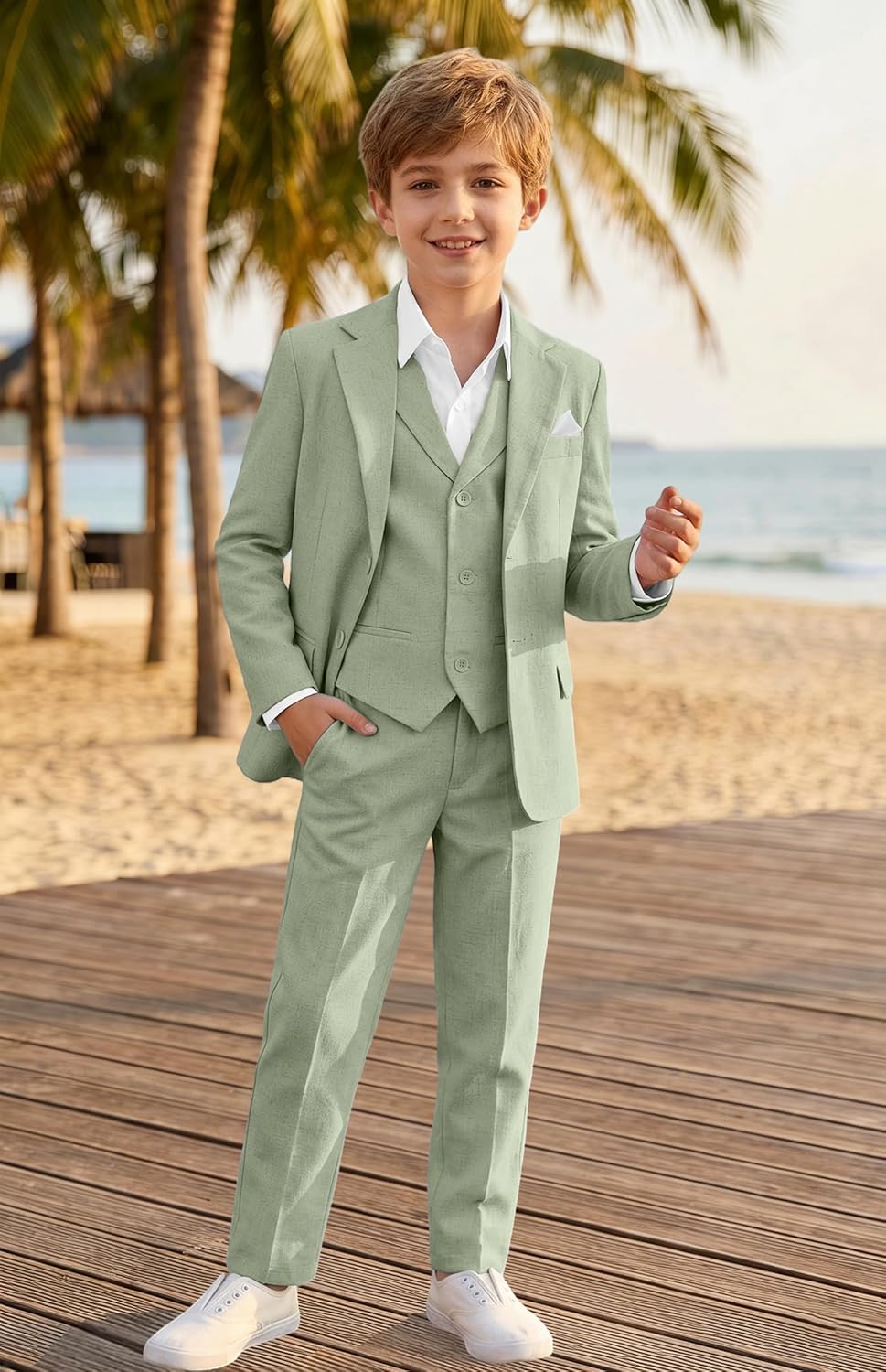 Boys Linen Suits 3 Piece Kids Summer Beach Wedding Suit for Boys Lightweight Tuxedo Linen Boy Ring Bearer Oufit