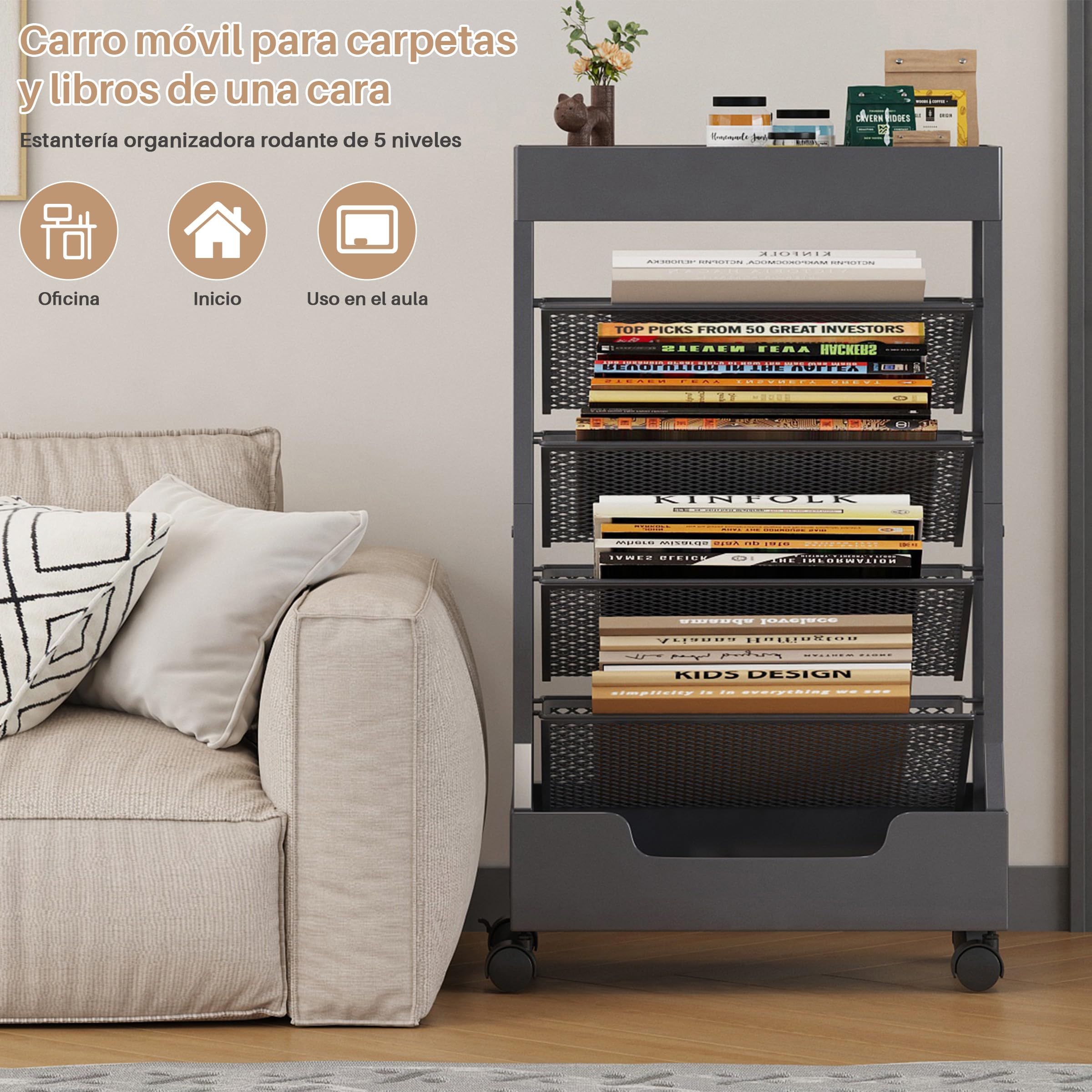 Estantería Móvil con Rueda, Organizador de Escritorio | 6 Niveles, Metal, Carrito Almacenamiento para Libros, Revistas, Gran Capacidad, Estantería de Oficina, Gris