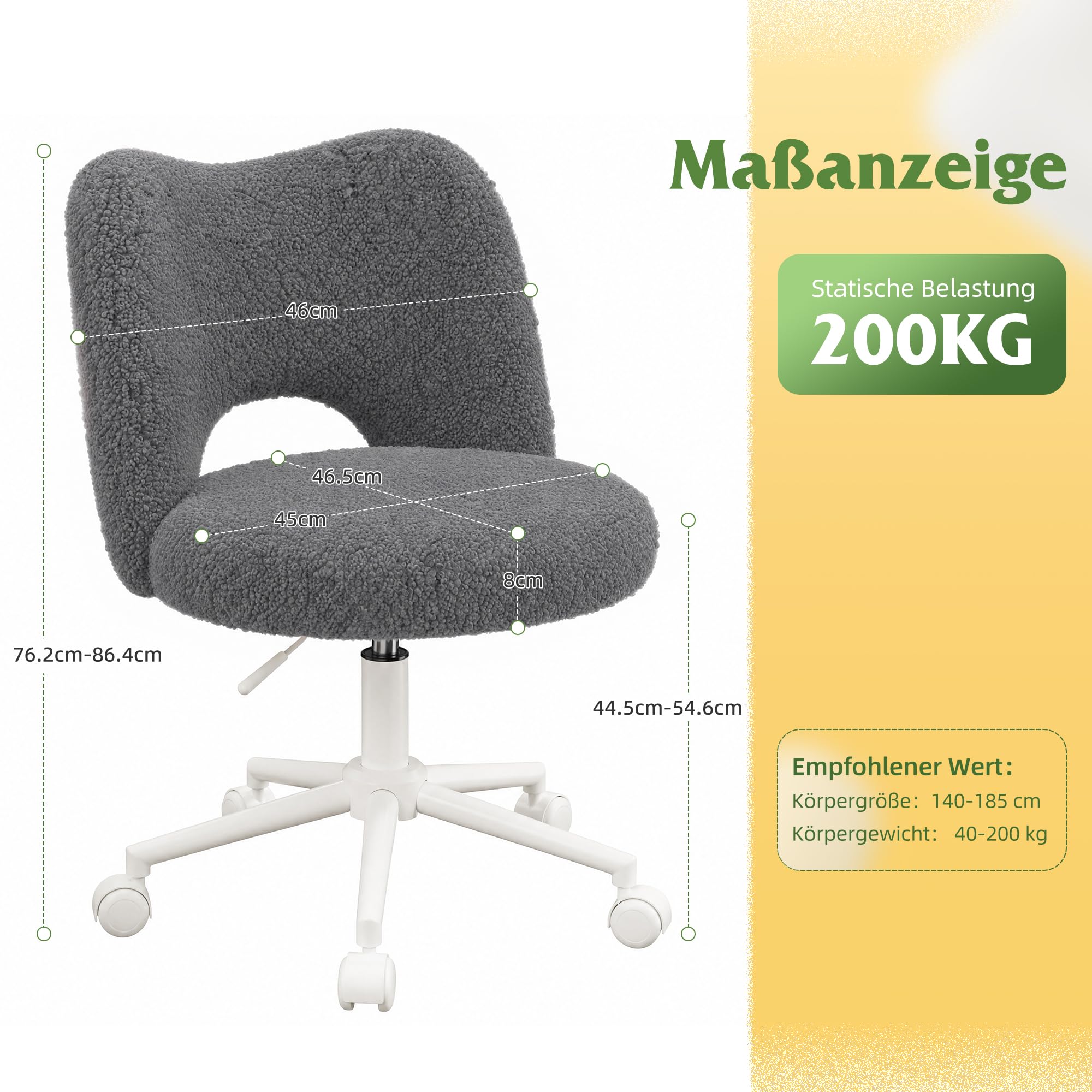 Teddy Schreibtischstuhl, 200kg Tragkraft, Höhenverstellbarer Schminktisch Stuhl mit Rollen, Atmungsaktiv & Weich, Bürostuhl zum Lernen, Homeoffice Stuhl, Schlafzimmer, Geschenk, Grau