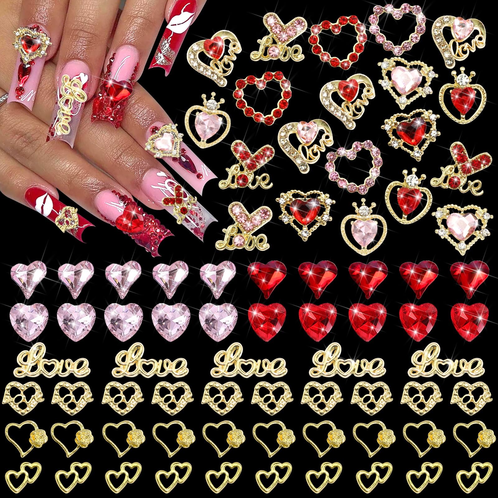 BELICEY 75Pcs 3D Gold Nail Charms Red Pink Heart Nail Charms Alloy Flatback Love Letter Charms for Nails Heart Shaped Gems and Rhinestones for Women Valentine‘s Day Manicure DIY Nail Art Design Crafts