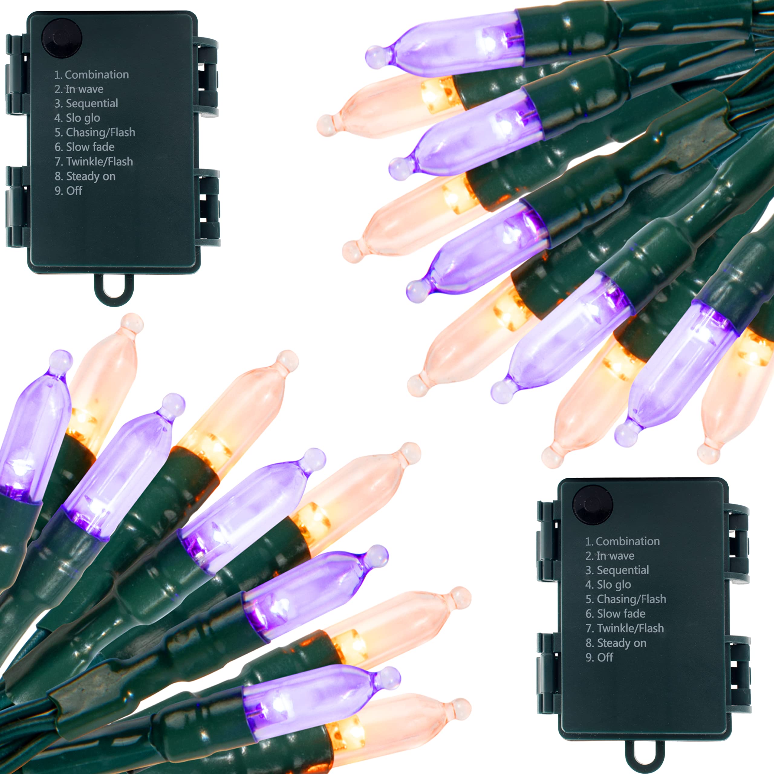 Joiedomi 16.3FT Orange&Purple Halloween Lights,2×50 Count Battery Operated Christmas String Tree Fairy LED Lights with 8 Modes,Multifunction Green Wire with Timer for Xmas Decor Party Holiday
