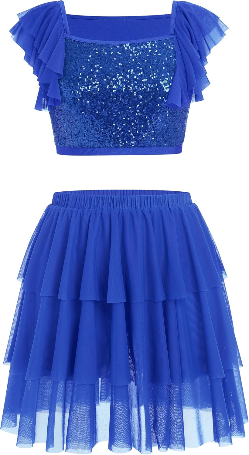 AFAVOM Women's Lyrical Dance Costume Sequin Lyrical Dress Crop Top + Skirt Lyrical Outfit Modern Contemporary Dance Costume