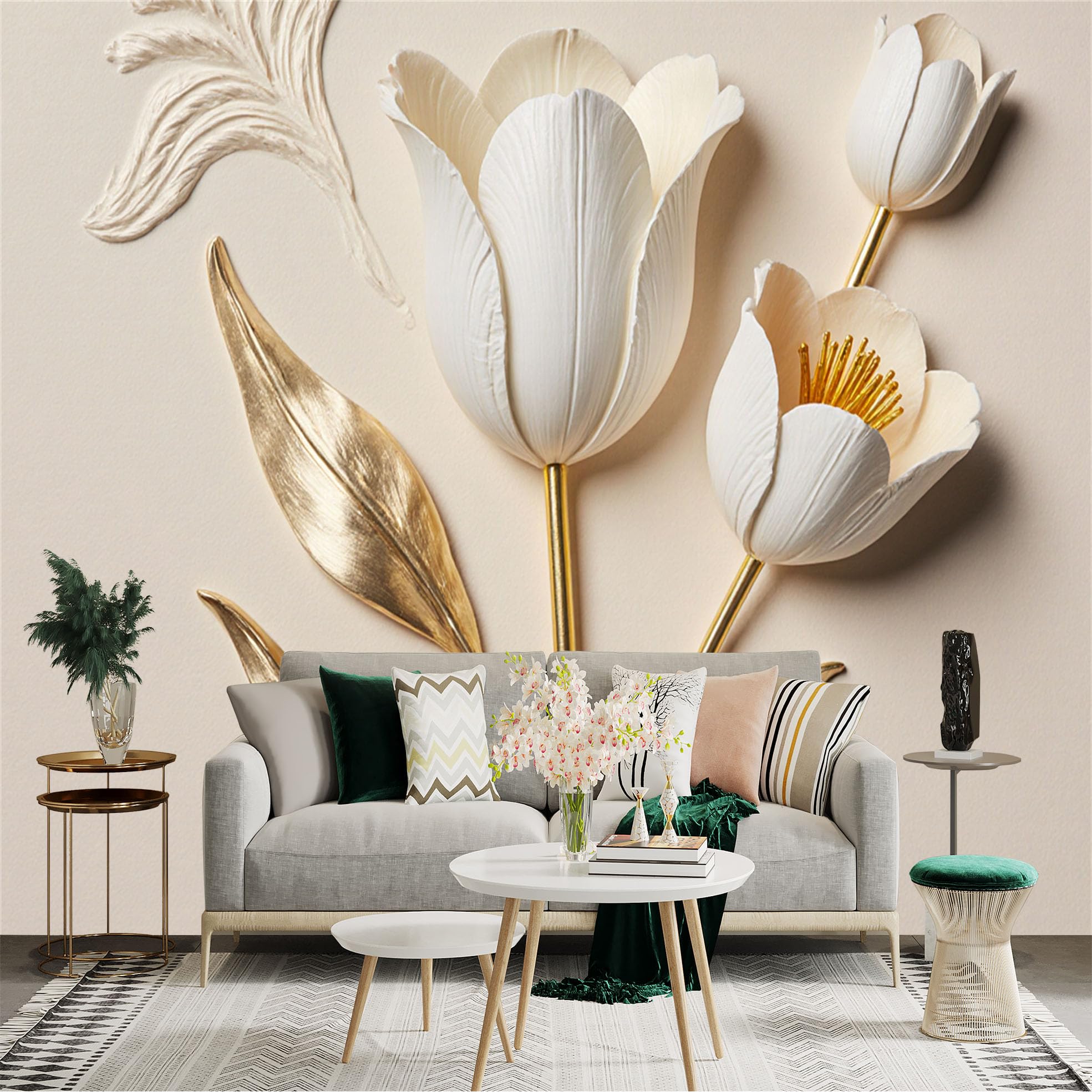 Custom Size Wall Sticker Mural， Elegant White Tulips with Golden Leaves， Luxury Botanical Art， Modern Minimalist Floral Decor， for wall Decoration， peelandstick wall Decals.