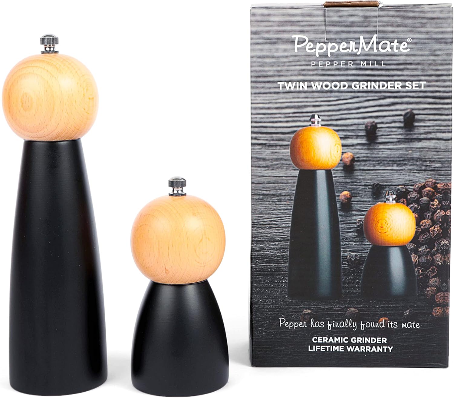 PepperMate Wooden Salt and Pepper Grinder Set, Black Beechwood