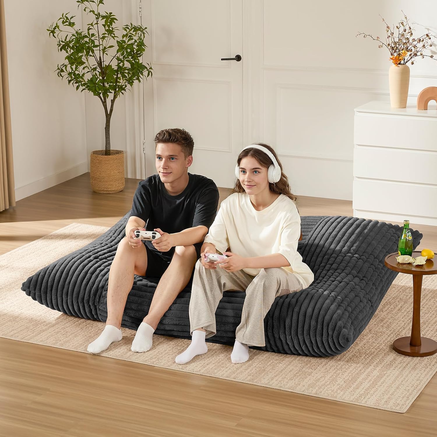 Puf XXL 3 en 1 convertible gris oscuro – Sofá con espuma viscoelástica, funda de pana mullida, sillón de salón y puf para juegos para sala de estar