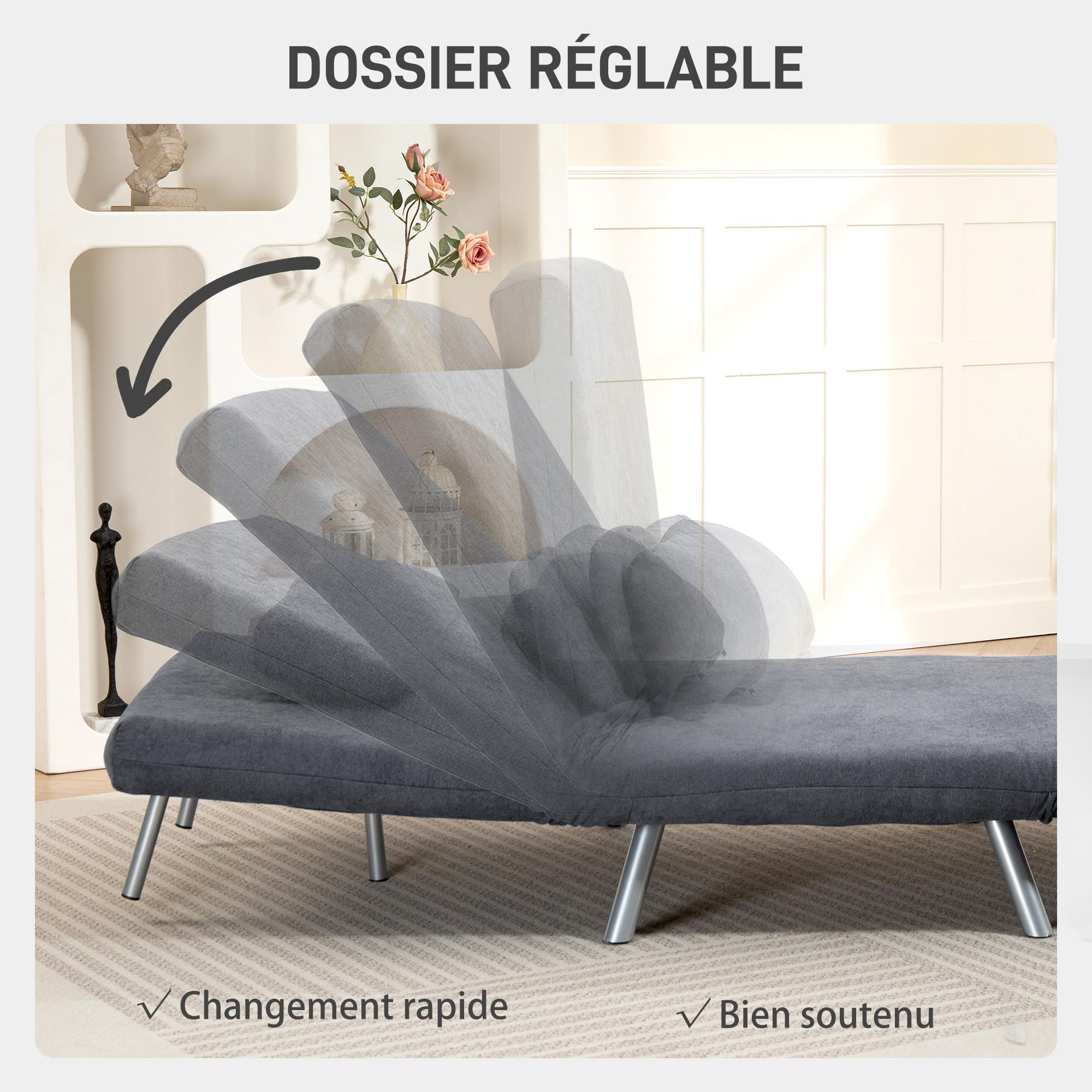 HOMCOM Fauteuil Convertible 1 Place, Fauteuil-lit clic-clac, chauffeuse 3 en 1 avec Dossier réglable, Oreiller, Assise Large, canapé-lit rembourré en Flanelle Neige pour invités, Salon, Bureau, Gris