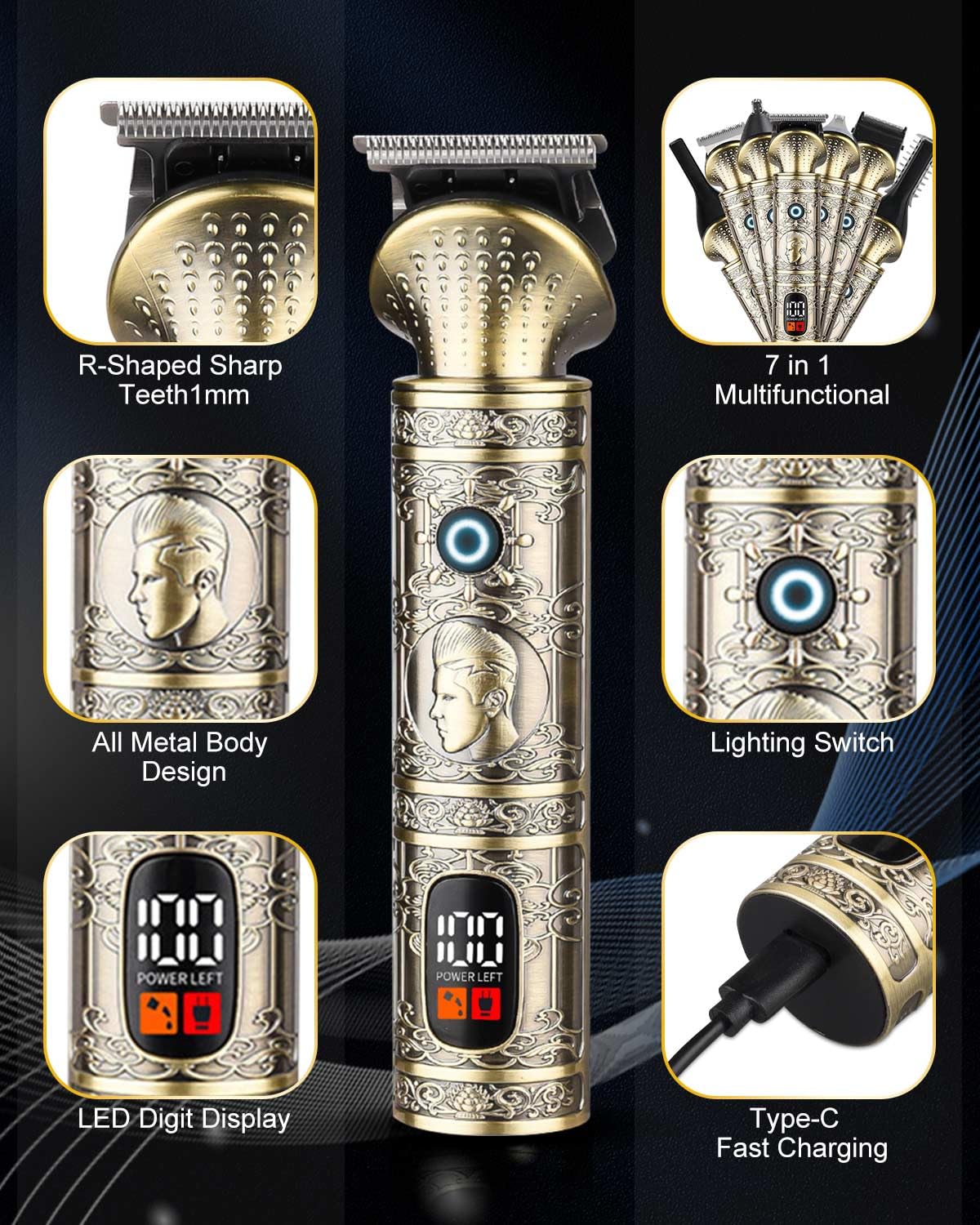 Kit 7 in 1 per barba da uomo, stile retrò, rasoi elettrici, rasoio da uomo, ricaricabile, senza fili, professionale, con display a LED, idea regalo