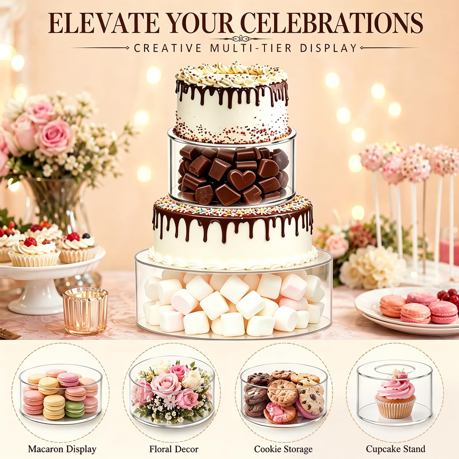 Alzata per torte riempibile a 3 ripiani in acrilico con decorazione a LED, tavolo da dessert rotondo trasparente e rialzo cilindrico, 3 alzate per torte fai da te, per compleanni, matrimoni e feste (2
