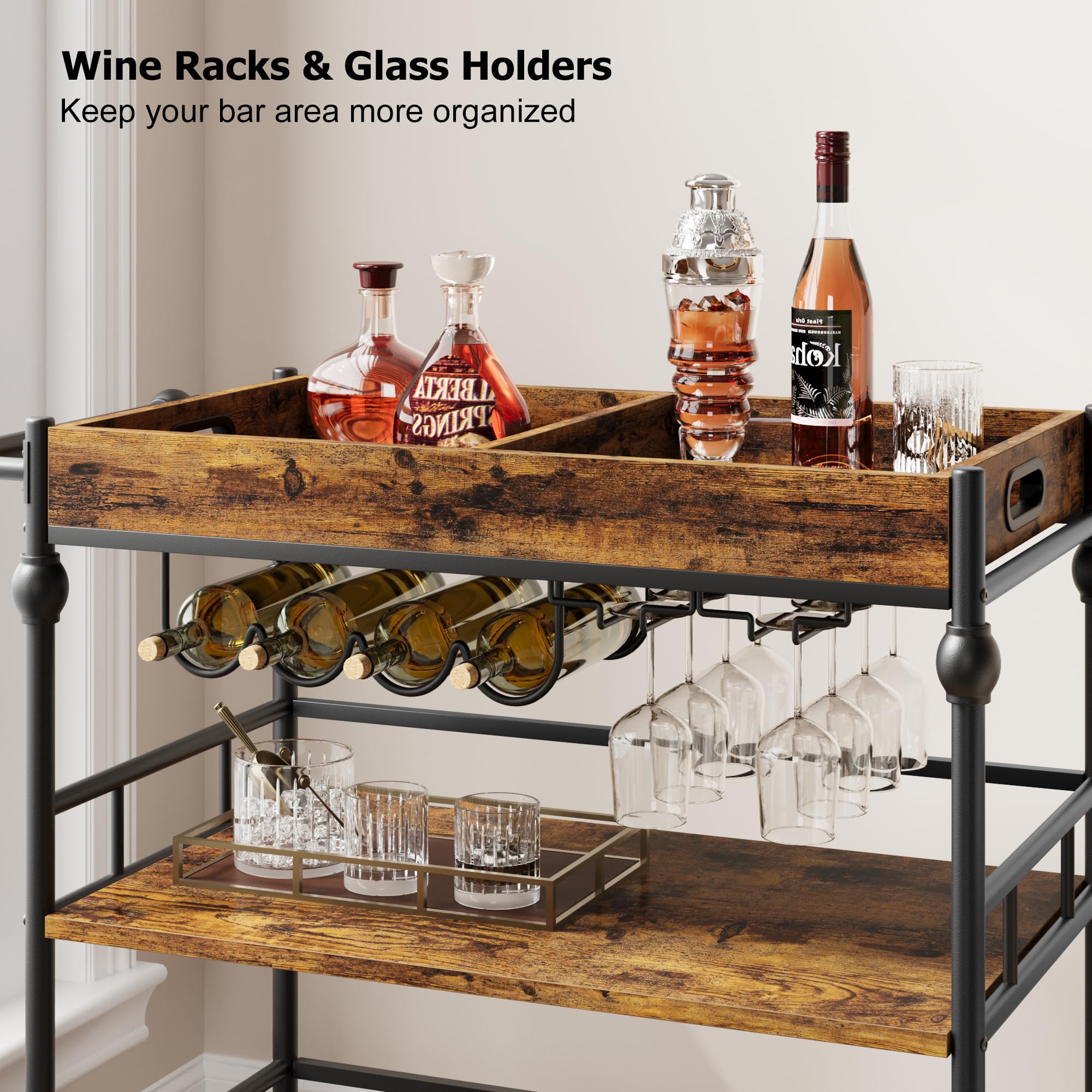 Garvee Carrito de Bar rodante de 3 Niveles – Estante móvil de Madera y Metal para Cocina, Sala o Comedor – con portabotellas y portavasos – Diseño Elegante y Funcional – 90x40x87 cm