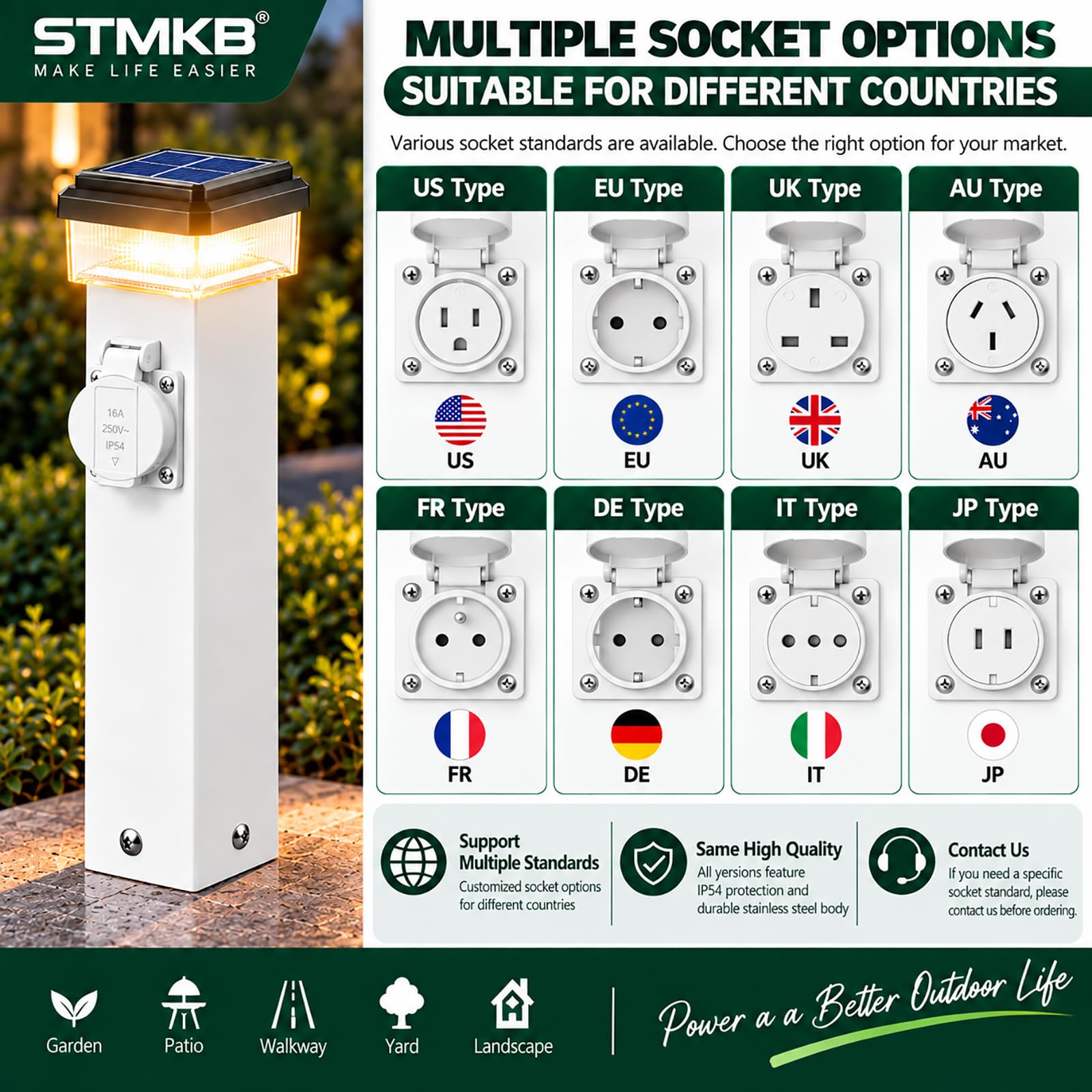 Poste De Luz Solar para Exteriores, 1 Toma De Corriente, Pedestal Eléctrico Impermeable Ip54 para Jardín, Patio Y Terraza.